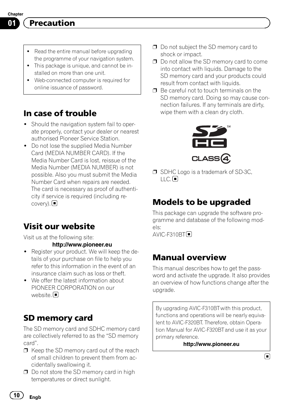 Precaution in case of trouble, Visit our website, Sd memory card | Models to be upgraded, Manual overview, 01 precaution | Pioneer CNSD-239FM User Manual | Page 10 / 28