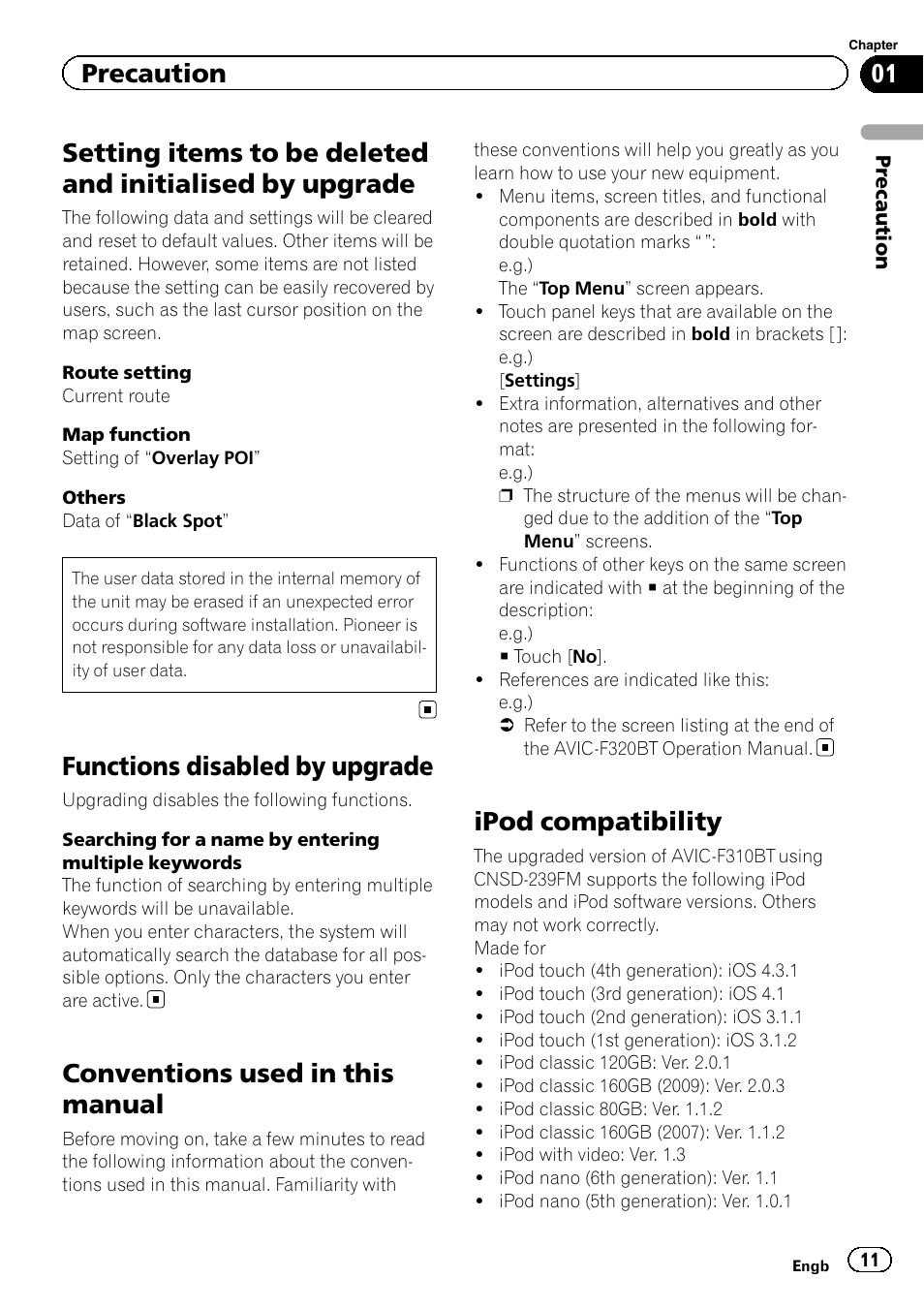 Setting items to be deleted and initialised by, Upgrade, Functions disabled by upgrade | Conventions used in this manual, Ipod compatibility, Precaution | Pioneer CNSD-239FM User Manual | Page 11 / 28