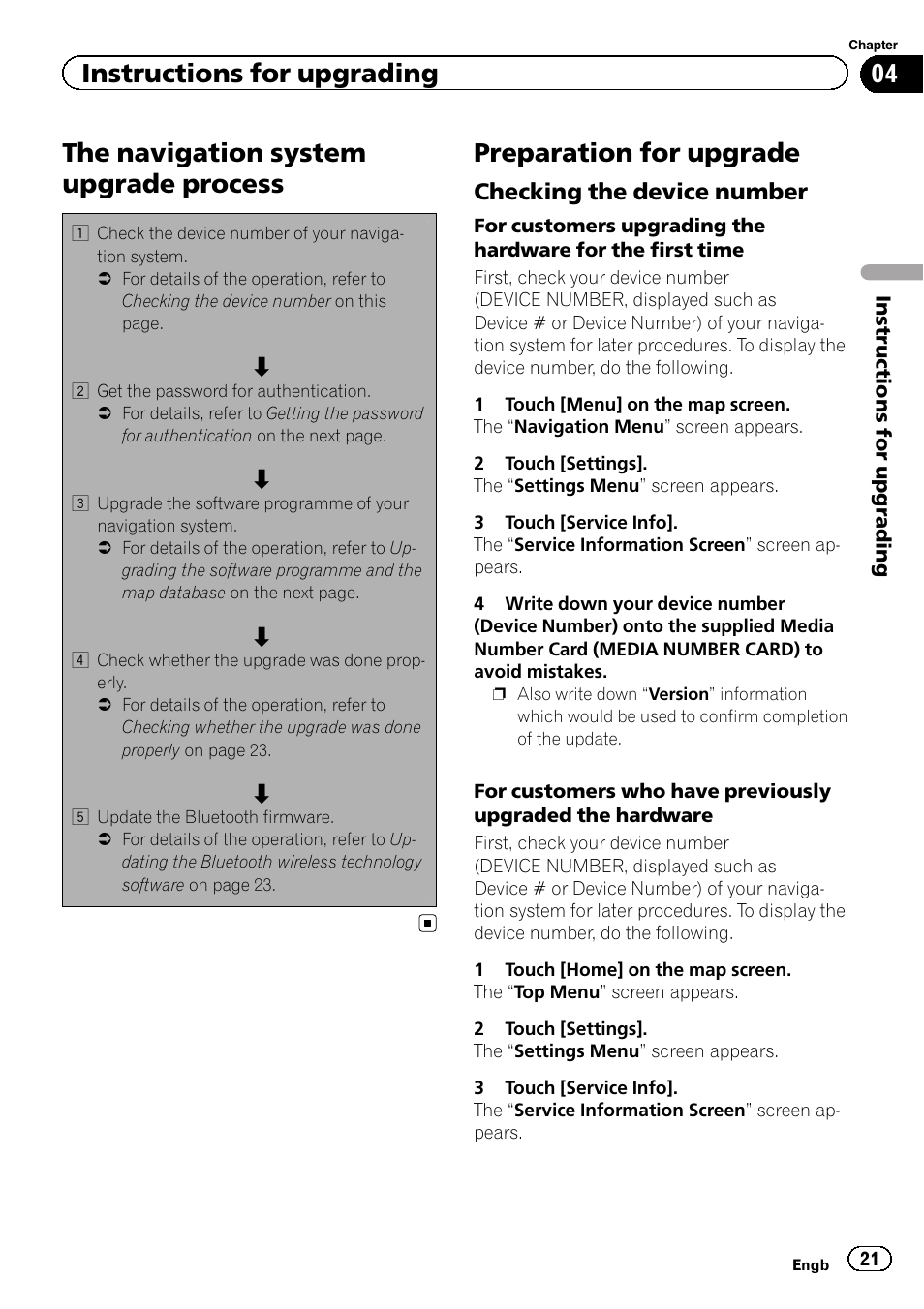 Preparation for upgrade, Checking the device number 21, The navigation system upgrade process | Instructions for upgrading, Checking the device number | Pioneer CNSD-239FM User Manual | Page 21 / 28