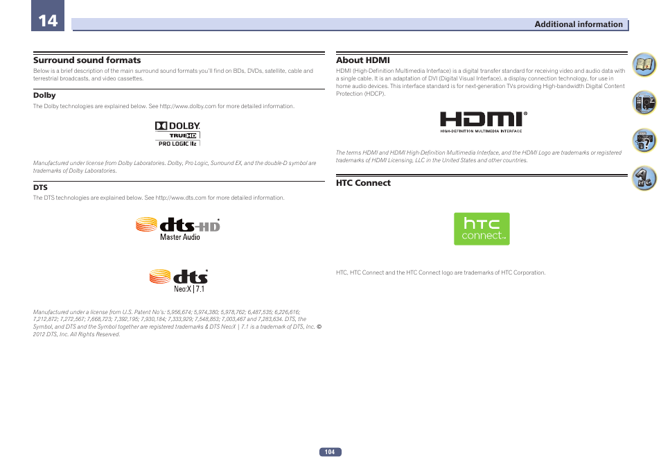 14 additional information, Surround sound formats about hdmi htc connect | Pioneer SC-1223-S User Manual | Page 104 / 119