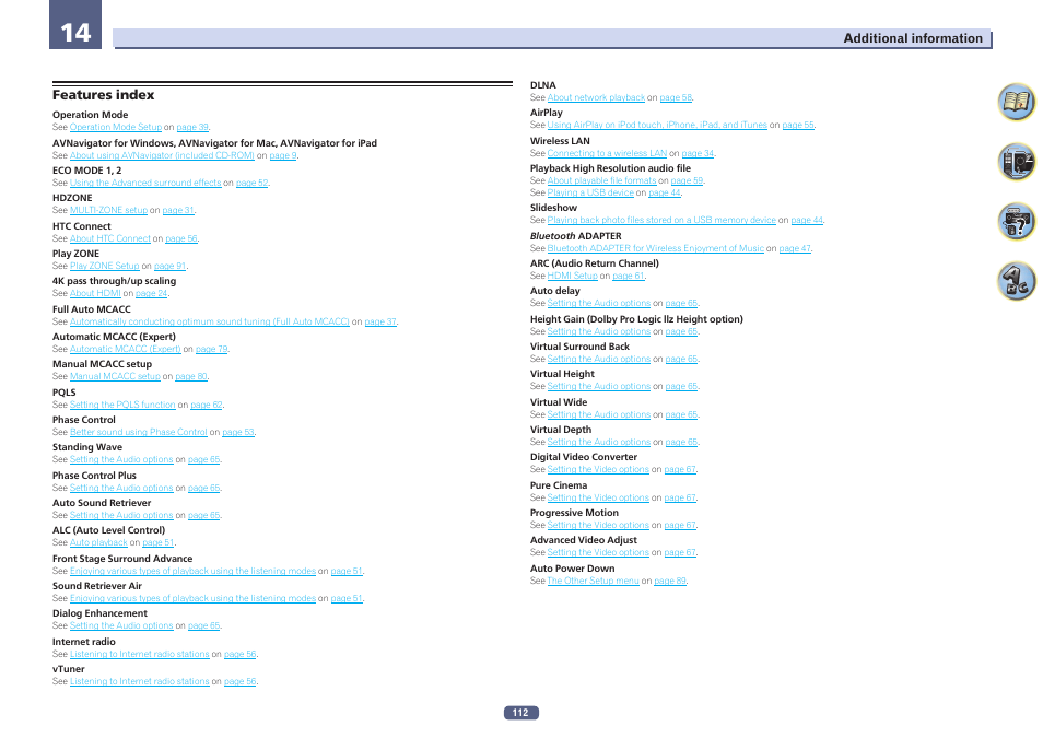 Features index | Pioneer SC-1223-S User Manual | Page 112 / 119