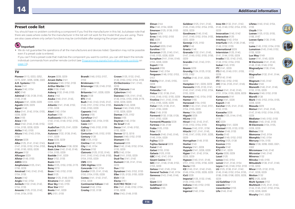 Preset code list | Pioneer SC-1223-S User Manual | Page 114 / 119