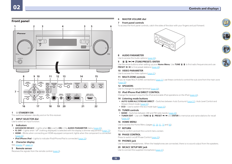 Front panel, Master volume sta ndb y/on inpu t selector | Pioneer SC-1223-S User Manual | Page 15 / 119