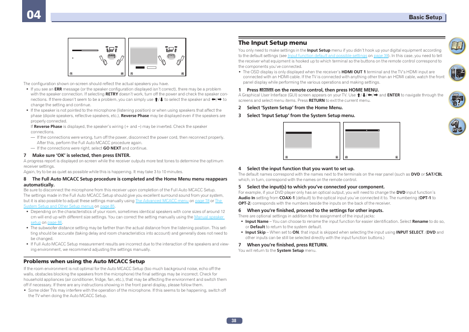 The input setup menu, Basic setup, Problems when using the auto mcacc setup | Pioneer SC-1223-S User Manual | Page 38 / 119