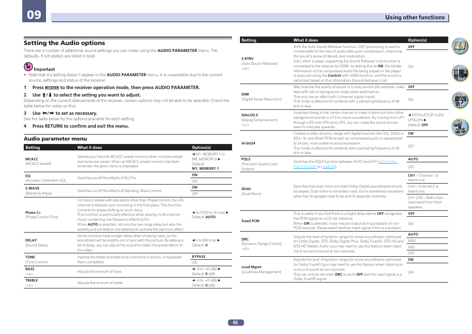 09 using other functions, Setting the audio options | Pioneer SC-1223-S User Manual | Page 65 / 119