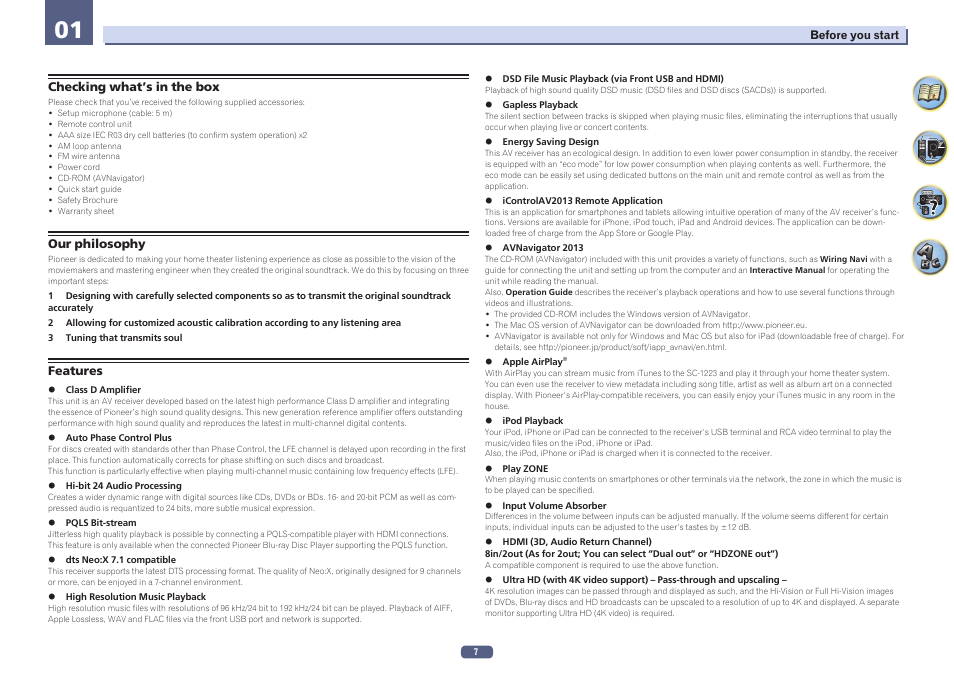 01 before you start, Checking what’s in the box our philosophy features | Pioneer SC-1223-S User Manual | Page 7 / 119