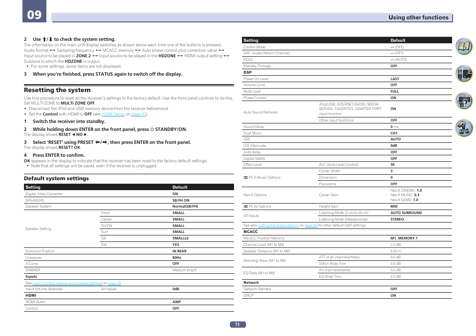 Resetting the system | Pioneer SC-1223-S User Manual | Page 71 / 119