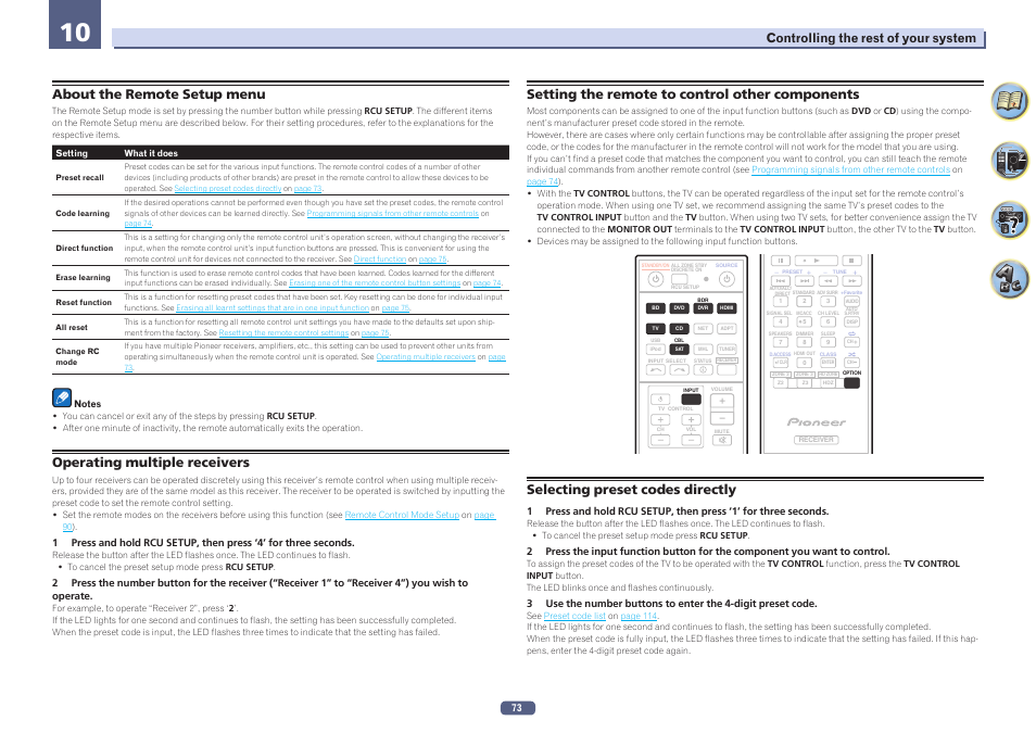10 controlling the rest of your system, About the remote setup menu, Operating multiple receivers | Setting the remote to control other components, Selecting preset codes directly, Controlling the rest of your system | Pioneer SC-1223-S User Manual | Page 73 / 119