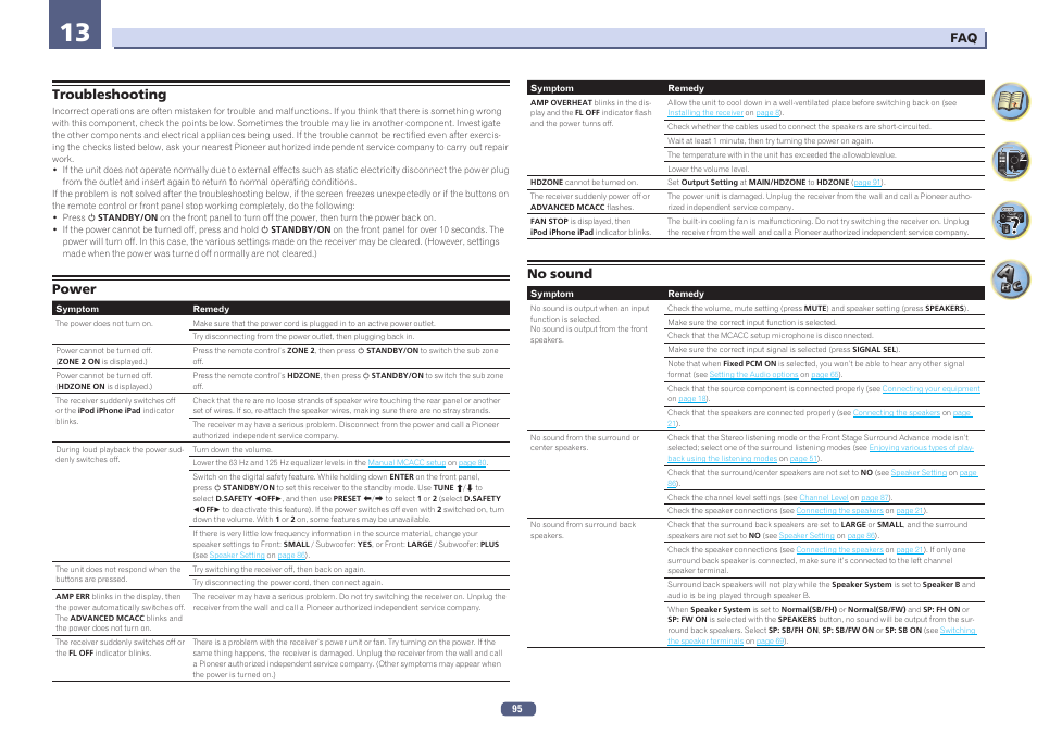 13 faq, Troubleshooting power no sound, Troubleshooting | Power, No sound | Pioneer SC-1223-S User Manual | Page 95 / 119