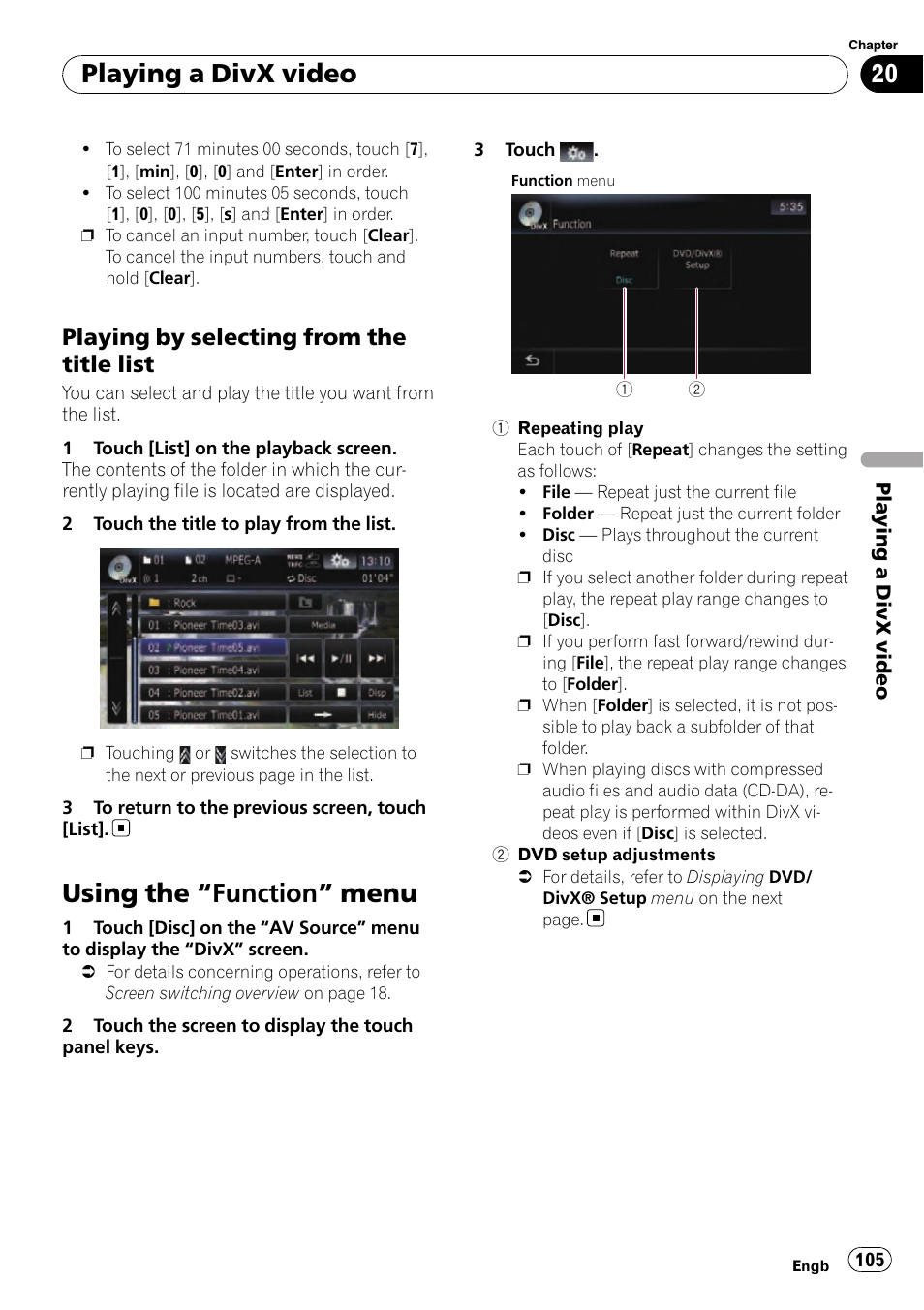 Playing by selecting from the title, List, Using the | Function” menu 105, Using the “function” menu, Playing a divx video, Playing by selecting from the title list | Pioneer AVIC-F10BT User Manual | Page 105 / 180