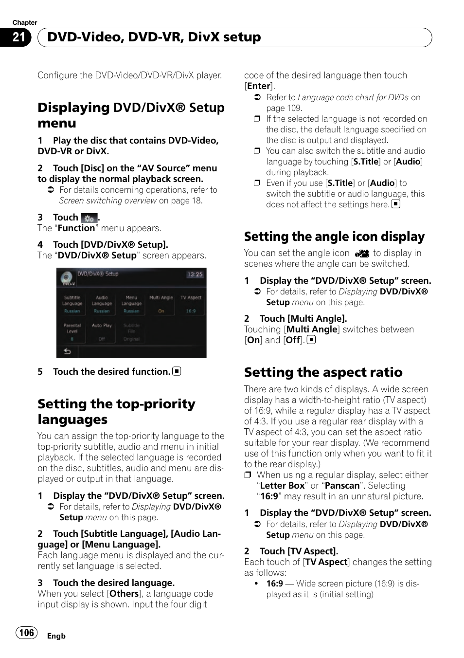 Setting the top-priority languages, Setting the angle icon display, Setting the aspect ratio | Setting the angle icon, Displaying dvd/divx® setup menu, Dvd-video, dvd-vr, divx setup | Pioneer AVIC-F10BT User Manual | Page 106 / 180