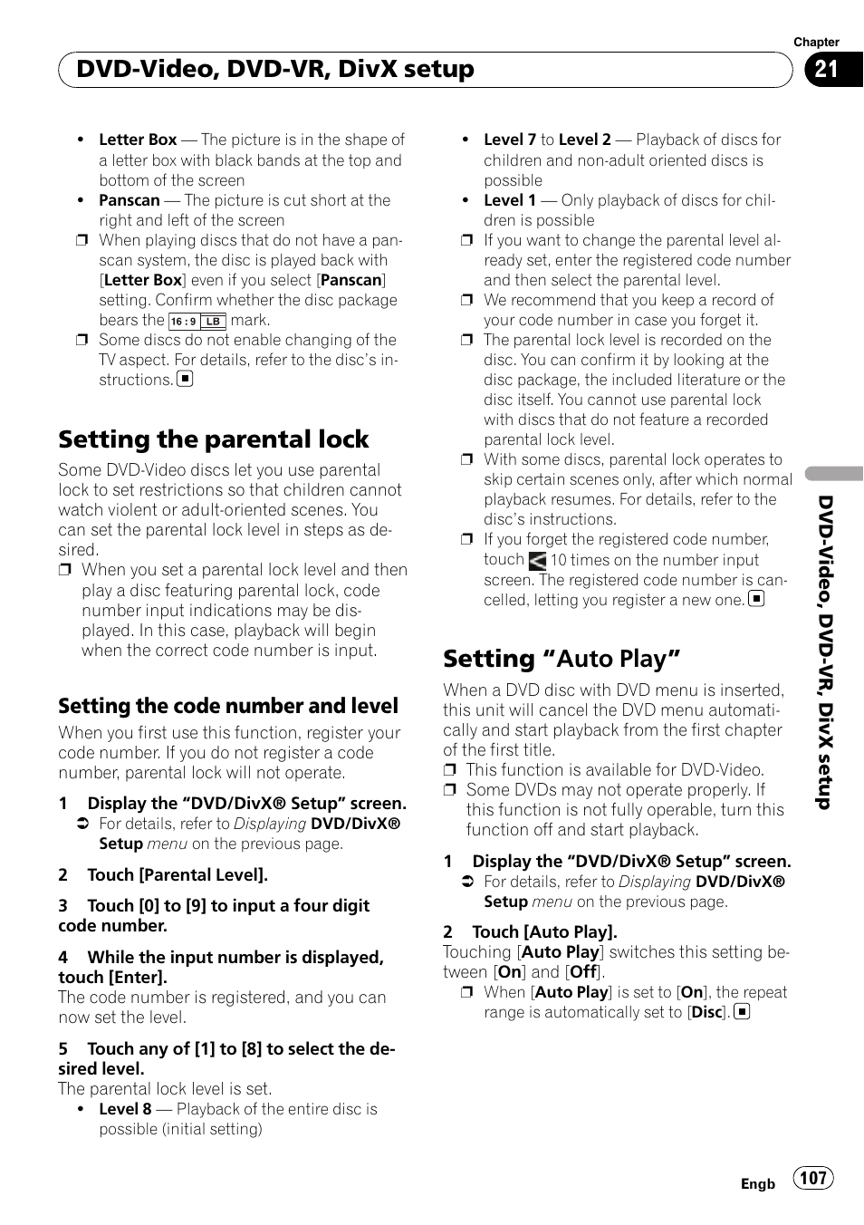 Setting the parental lock, Setting the code number and, Level | Setting, Auto play” 107, Setting “auto play, Dvd-video, dvd-vr, divx setup, Setting the code number and level | Pioneer AVIC-F10BT User Manual | Page 107 / 180