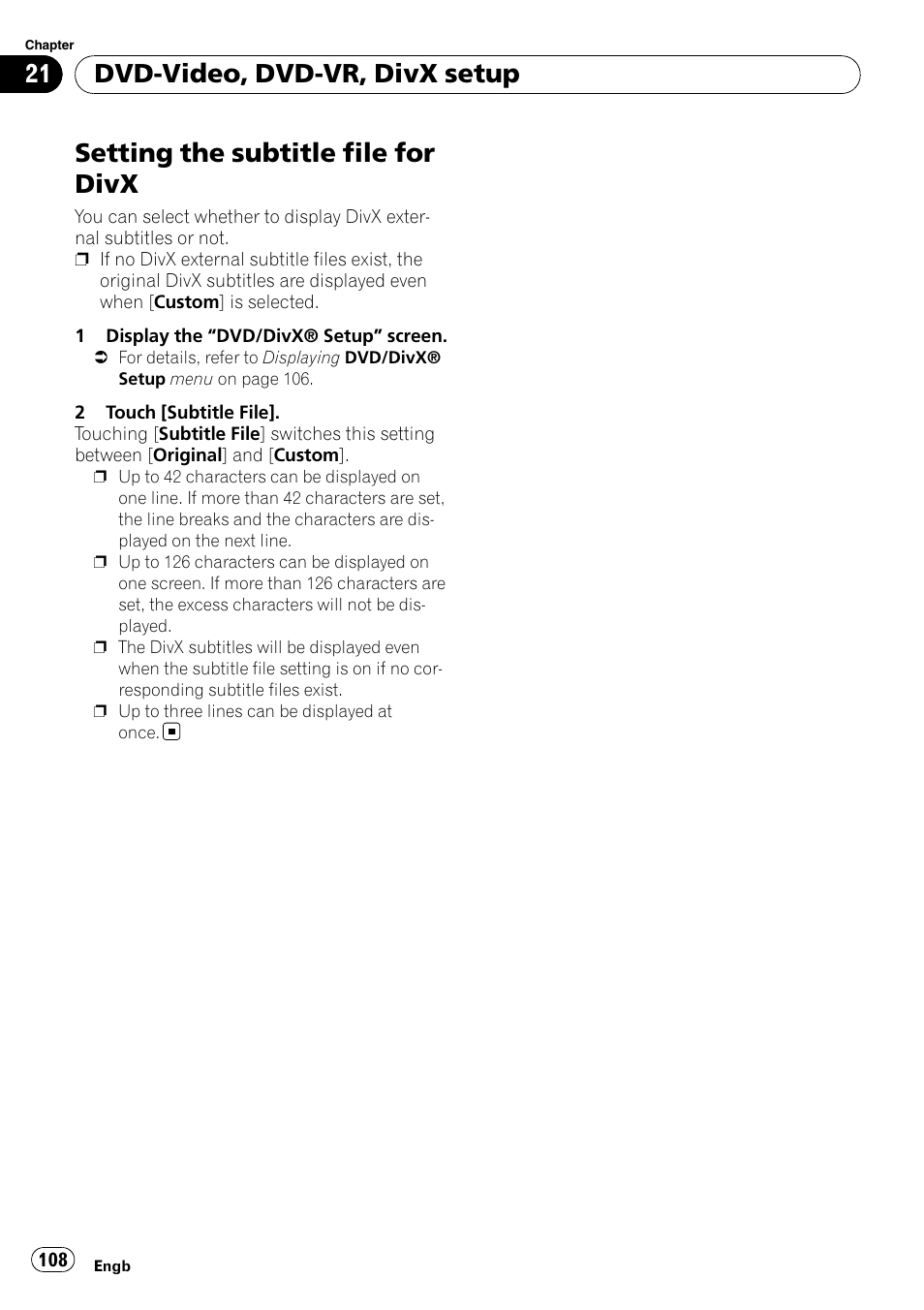 Setting the subtitle file for divx, Dvd-video, dvd-vr, divx setup | Pioneer AVIC-F10BT User Manual | Page 108 / 180