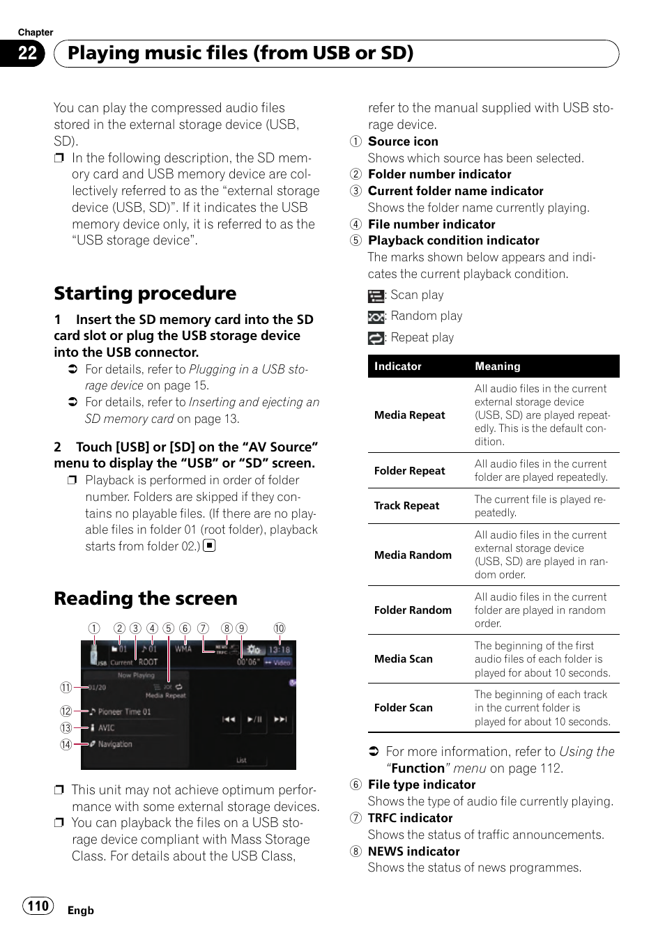 Reading the screen, Starting procedure, Playing music files (from usb or sd) | Pioneer AVIC-F10BT User Manual | Page 110 / 180