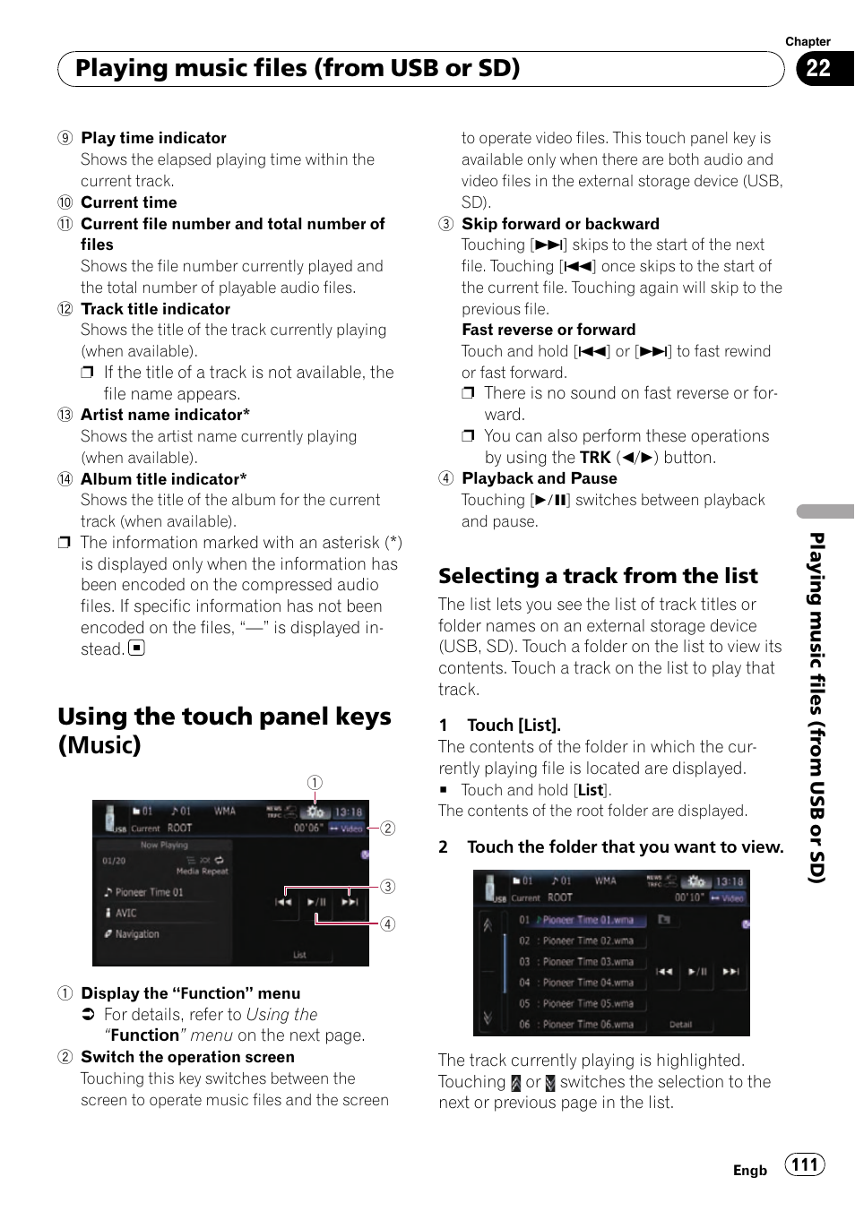 Using the touch panel keys (music), Selecting a track from the list 111, Playing music files (from usb or sd) | Selecting a track from the list | Pioneer AVIC-F10BT User Manual | Page 111 / 180