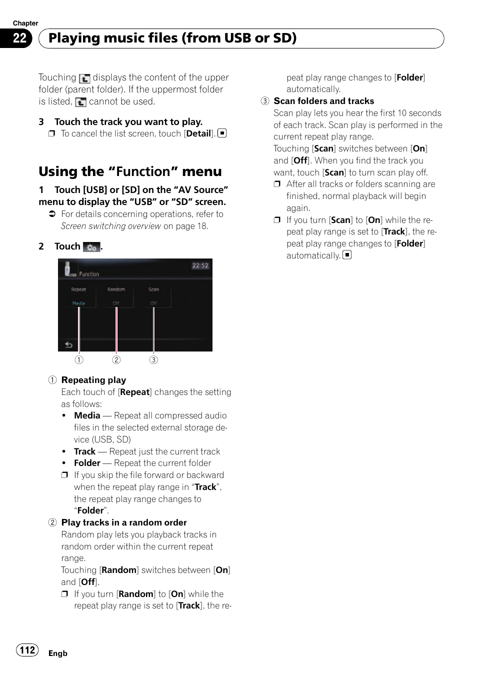 Using the, Function” menu 112, Using the “function” menu | Playing music files (from usb or sd) | Pioneer AVIC-F10BT User Manual | Page 112 / 180