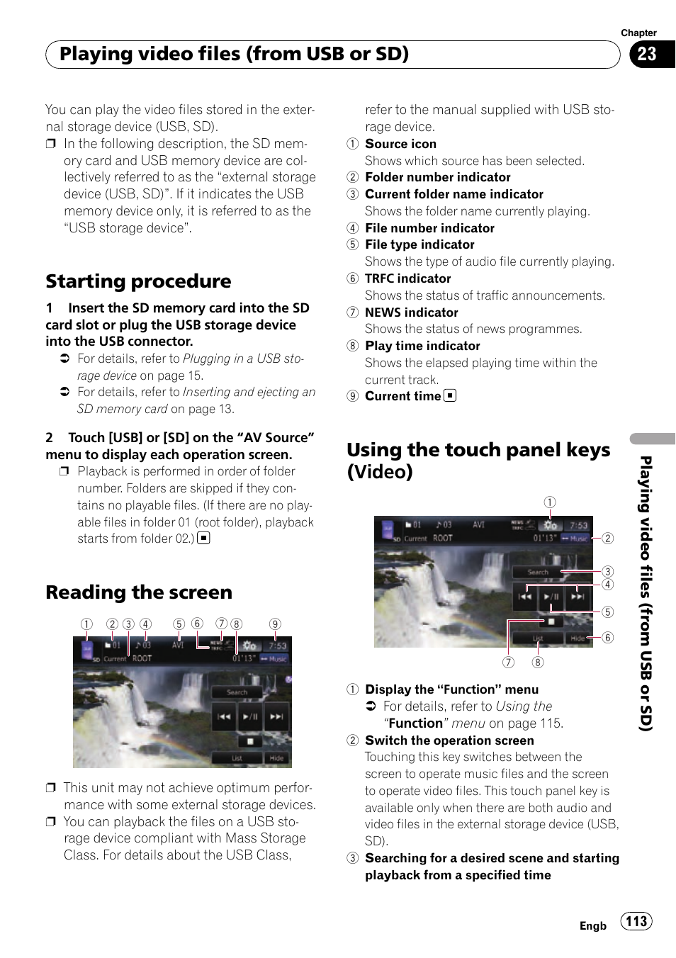 Reading the screen, Using the touch panel keys (video), Starting procedure | Playing video files (from usb or sd) | Pioneer AVIC-F10BT User Manual | Page 113 / 180