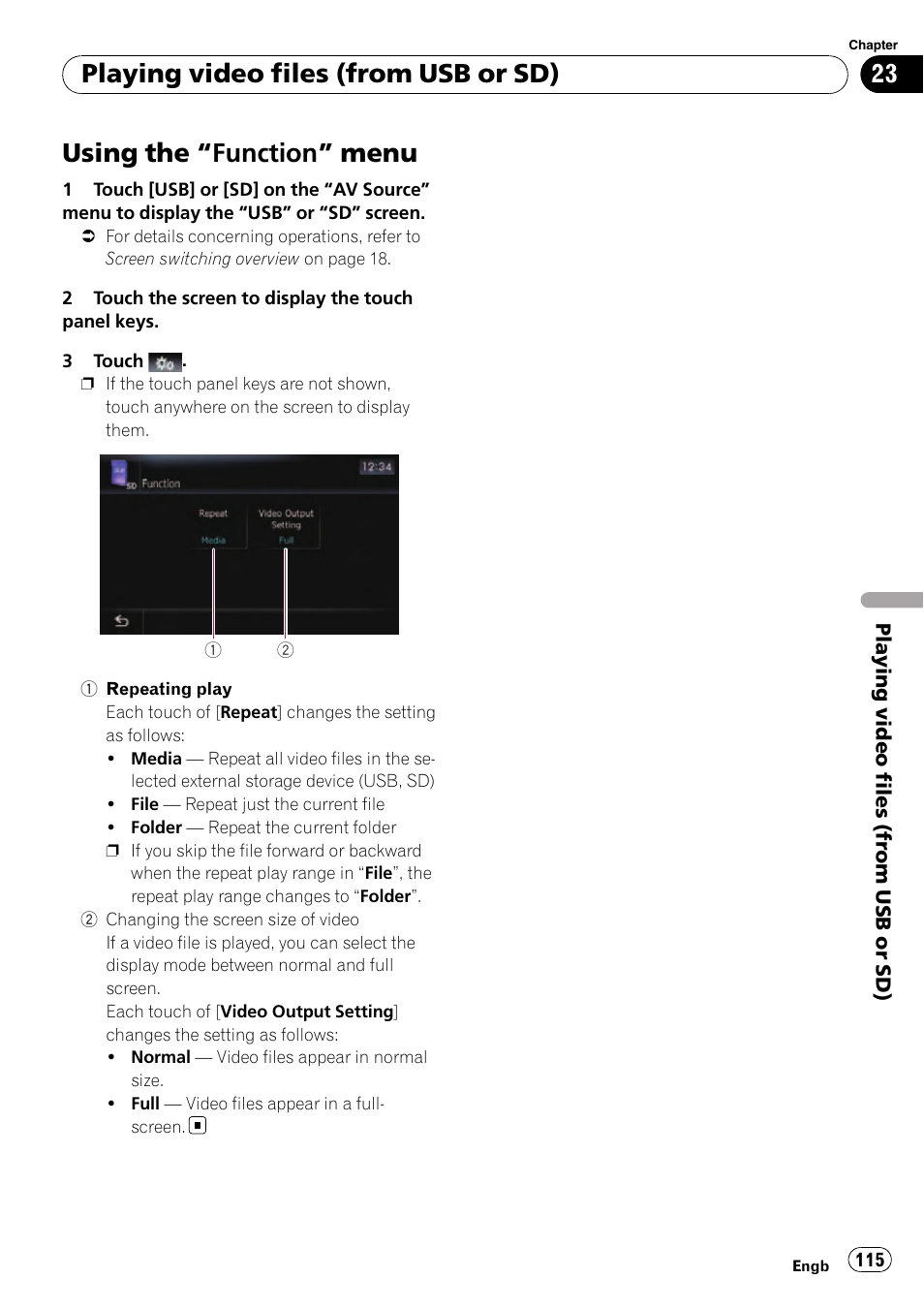 Using the, Function” menu 115, Using the “function” menu | Playing video files (from usb or sd) | Pioneer AVIC-F10BT User Manual | Page 115 / 180