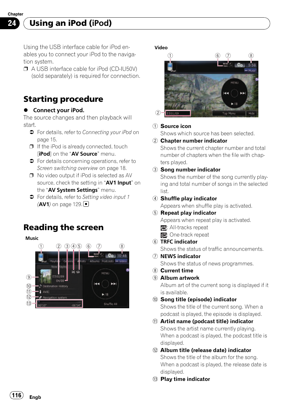 Using an ipod (ipod) starting procedure, Reading the screen, Starting procedure | Using an ipod (ipod) | Pioneer AVIC-F10BT User Manual | Page 116 / 180