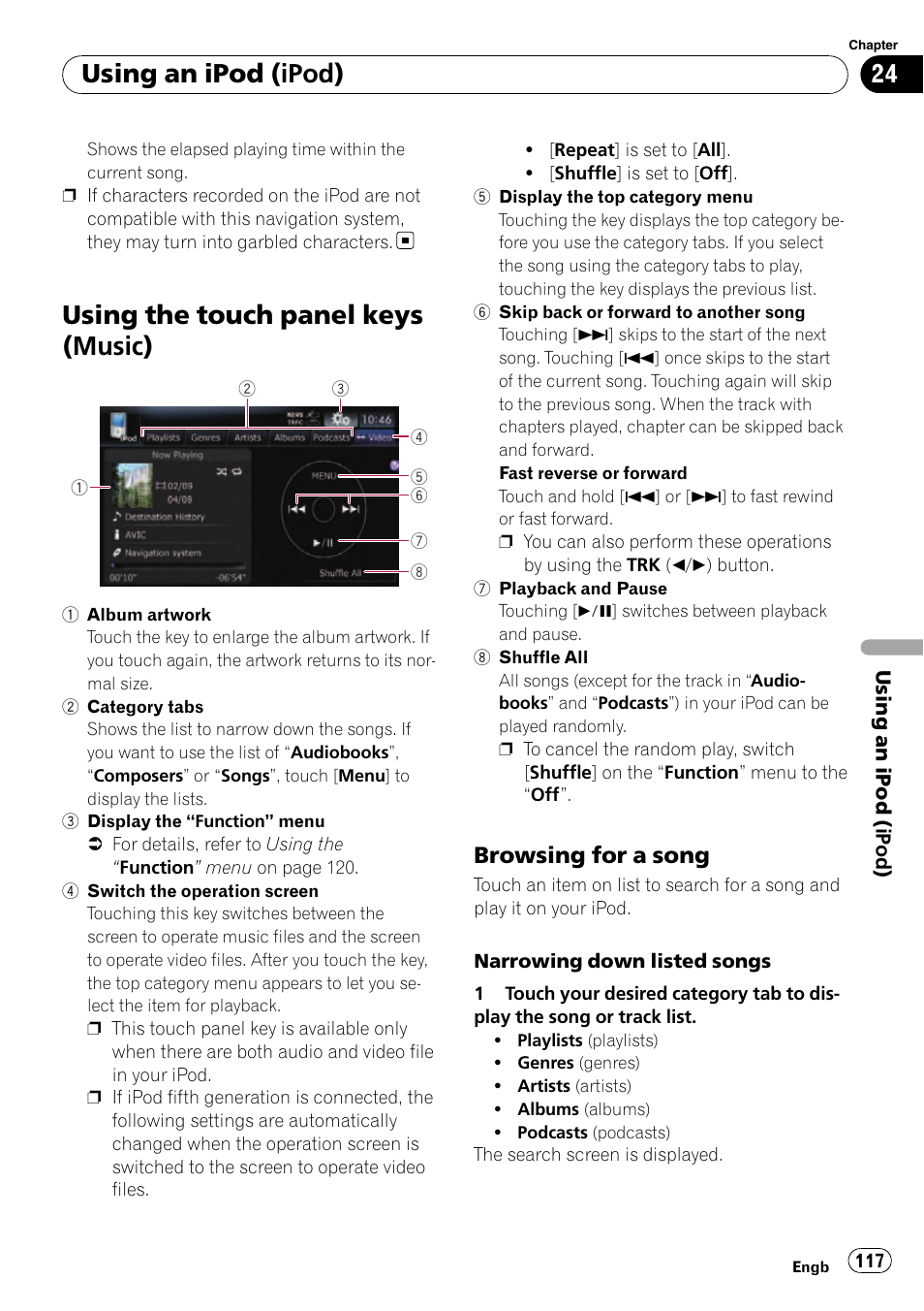 Using the touch panel keys (music), Browsing for a song 117, Using an ipod (ipod) | Browsing for a song | Pioneer AVIC-F10BT User Manual | Page 117 / 180