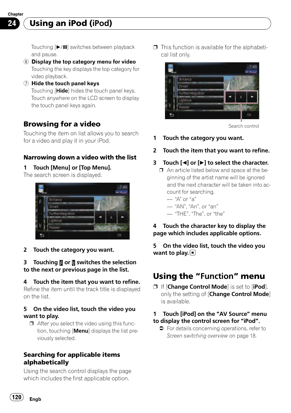 Browsing for a video 120, Using the, Function” menu 120 | Using the “function” menu, Using an ipod (ipod), Browsing for a video | Pioneer AVIC-F10BT User Manual | Page 120 / 180