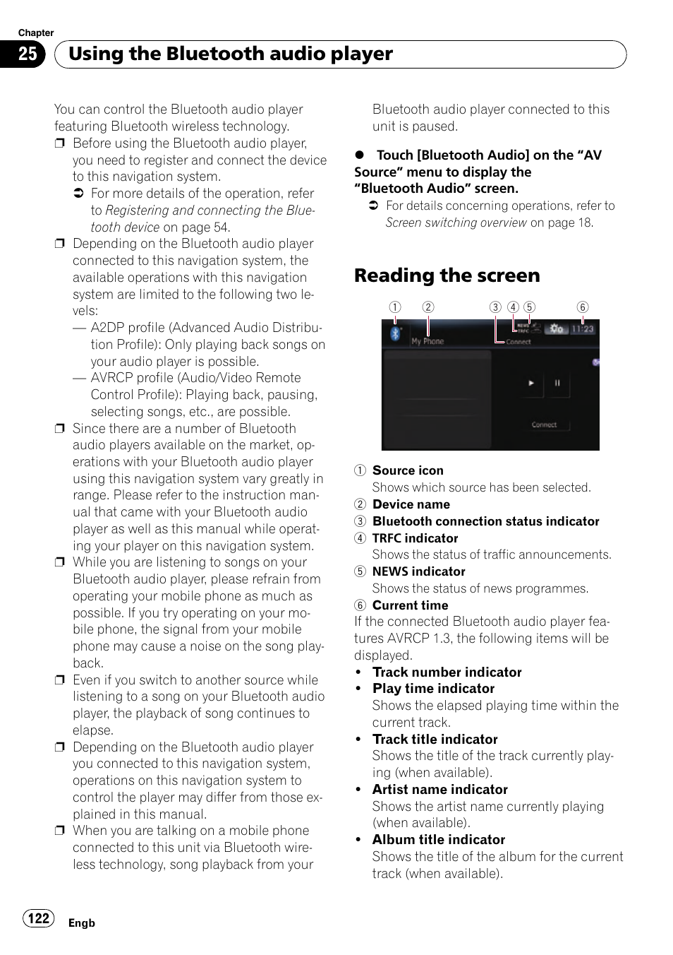 Reading the screen, Using the bluetooth audio player | Pioneer AVIC-F10BT User Manual | Page 122 / 180