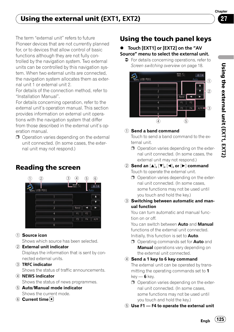 Using the touch panel keys, Reading the screen, Using the external unit (ext1, ext2) | Pioneer AVIC-F10BT User Manual | Page 125 / 180