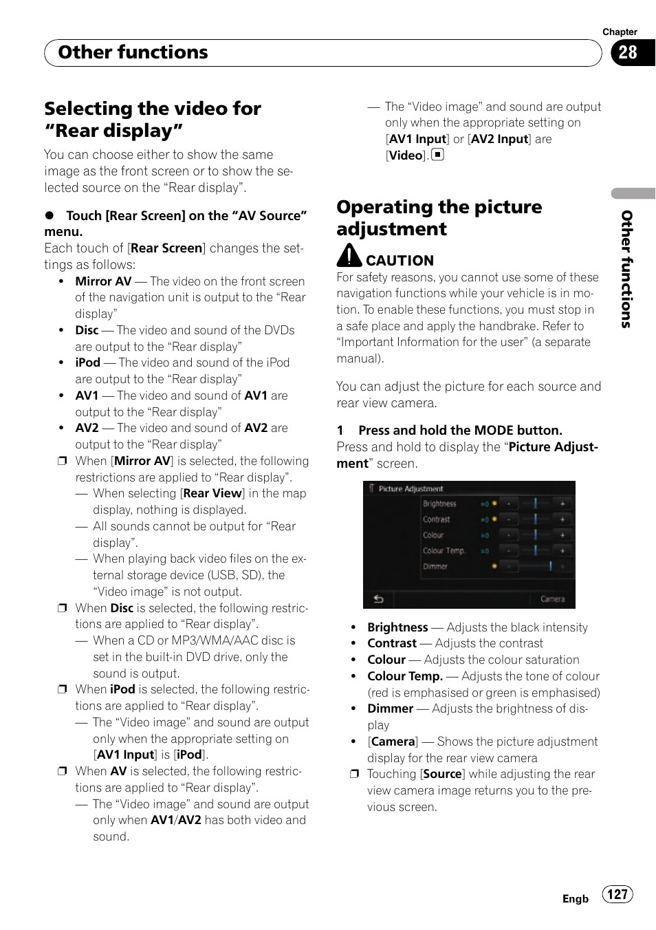 Other functions selecting the video for, Rear display” 127, Operating the picture adjustment | Operating the pic, Selecting the video for “rear display, Other functions | Pioneer AVIC-F10BT User Manual | Page 127 / 180