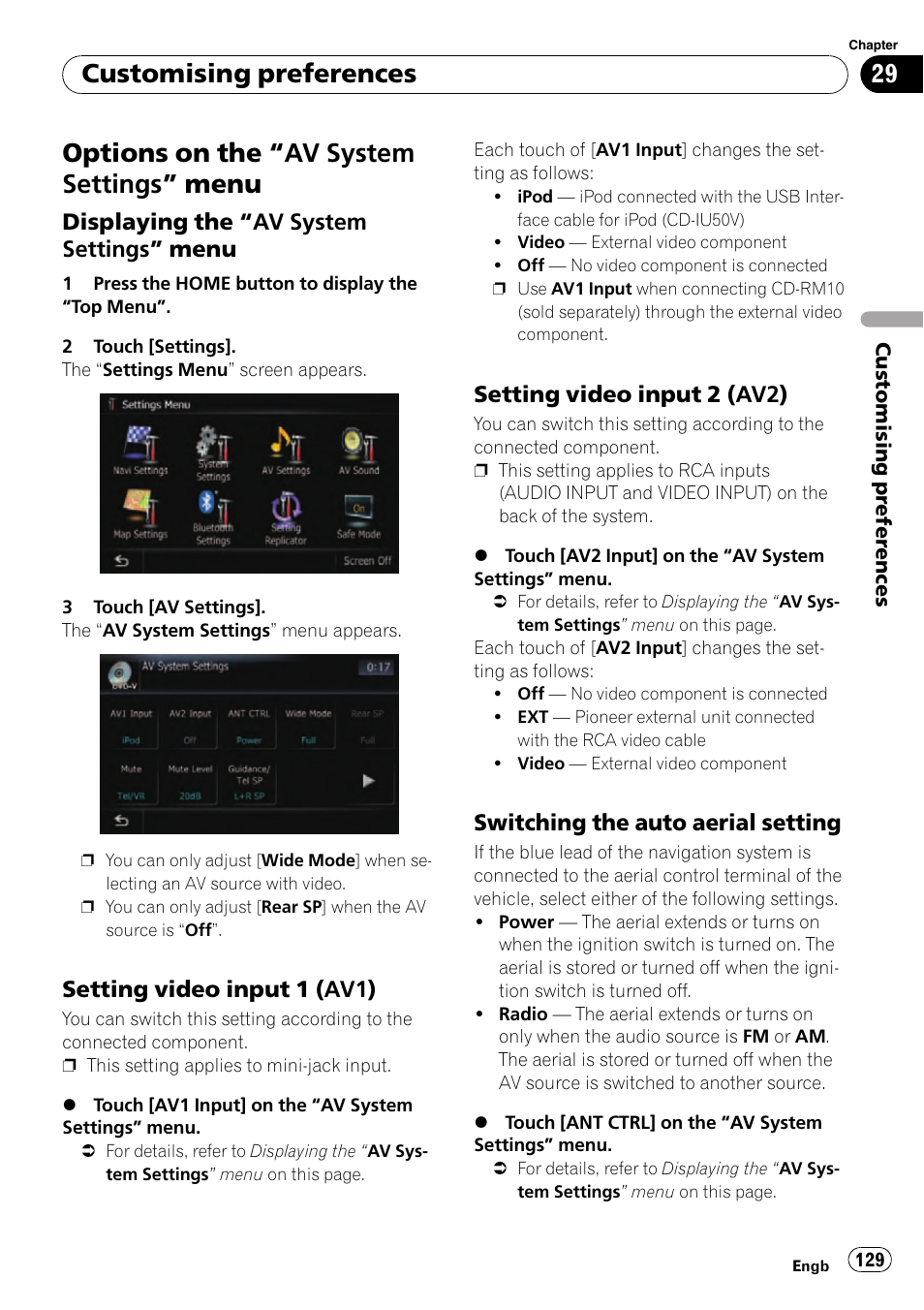 Customising preferences options on the, Av system settings, Menu | Displaying the “av system settings, Setting video input 1 (av1) 129, Setting video input 2 (av2) 129, Switching the auto aerial setting 129, Setting video input 1, Setting video input 2, Options on the “av system settings ” menu | Pioneer AVIC-F10BT User Manual | Page 129 / 180