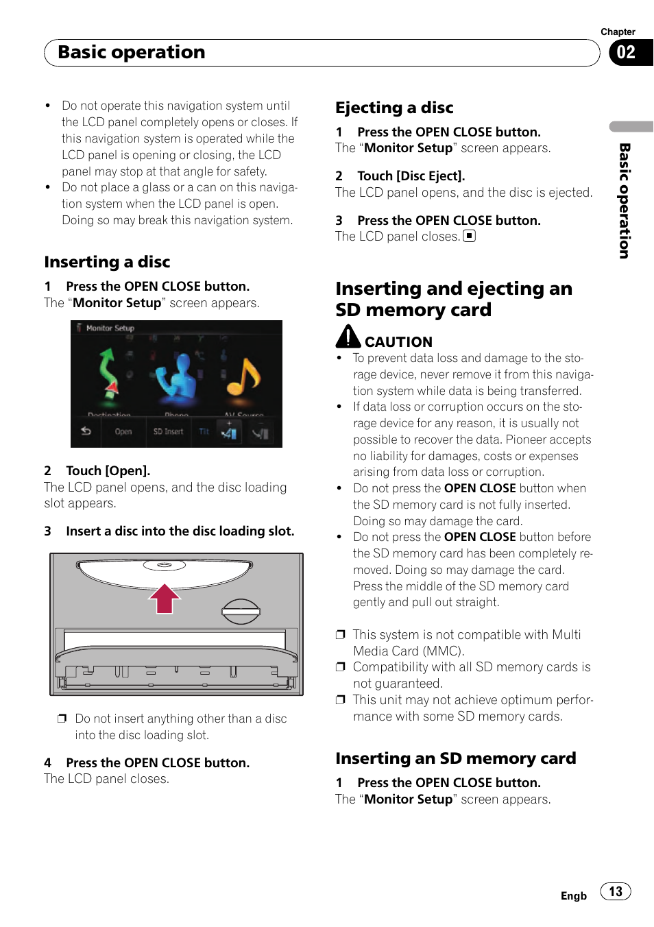 Inserting a disc 13, Ejecting a disc 13, Inserting and ejecting an sd memory | Card, Inserting an sd memory card 13, Basic operation, Inserting a disc, Ejecting a disc | Pioneer AVIC-F10BT User Manual | Page 13 / 180