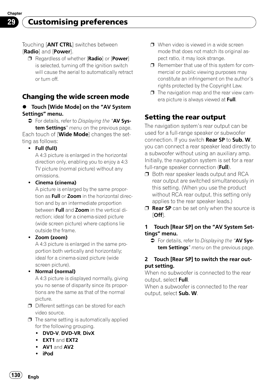 Changing the wide screen mode 130, Setting the rear output 130, Customising preferences | Changing the wide screen mode, Setting the rear output | Pioneer AVIC-F10BT User Manual | Page 130 / 180