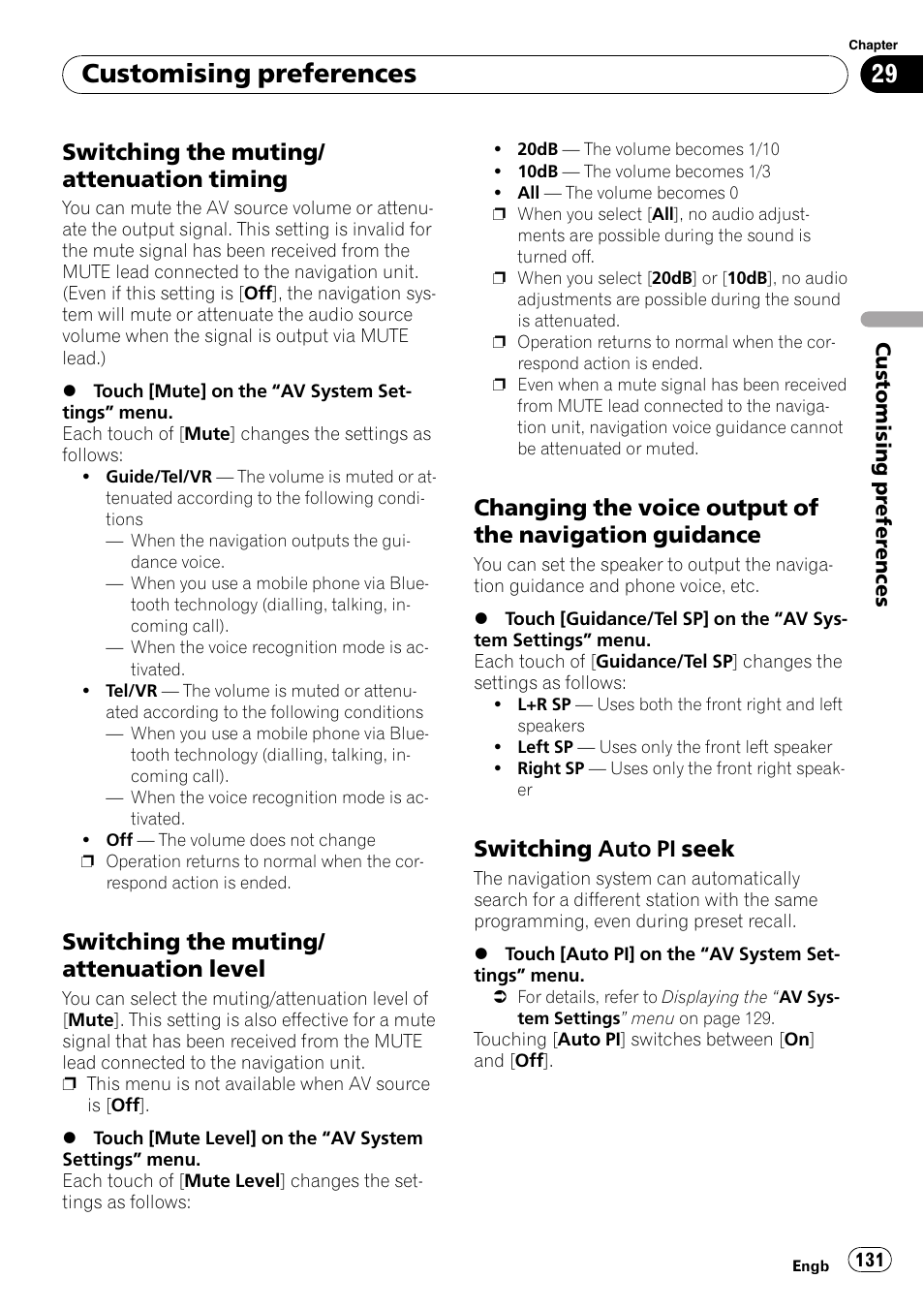 Switching the muting/attenuation, Timing, Level | Changing the voice output of the, Navigation guidance, Switching auto pi seek 131, Customising preferences, Switching the muting/ attenuation timing, Switching the muting/ attenuation level, Switching auto pi seek | Pioneer AVIC-F10BT User Manual | Page 131 / 180