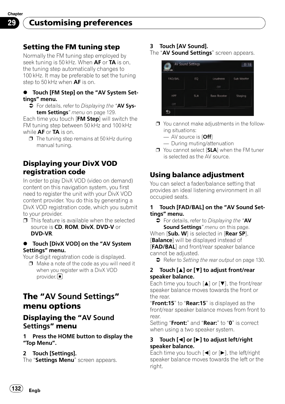 Setting the fm tuning step 132, Displaying your divx vod registration, Code | Av sound settings” menu options 132, Displaying the “av sound settings, Menu, Using balance adjustment 132, The “av sound settings” menu options, Customising preferences, Setting the fm tuning step | Pioneer AVIC-F10BT User Manual | Page 132 / 180