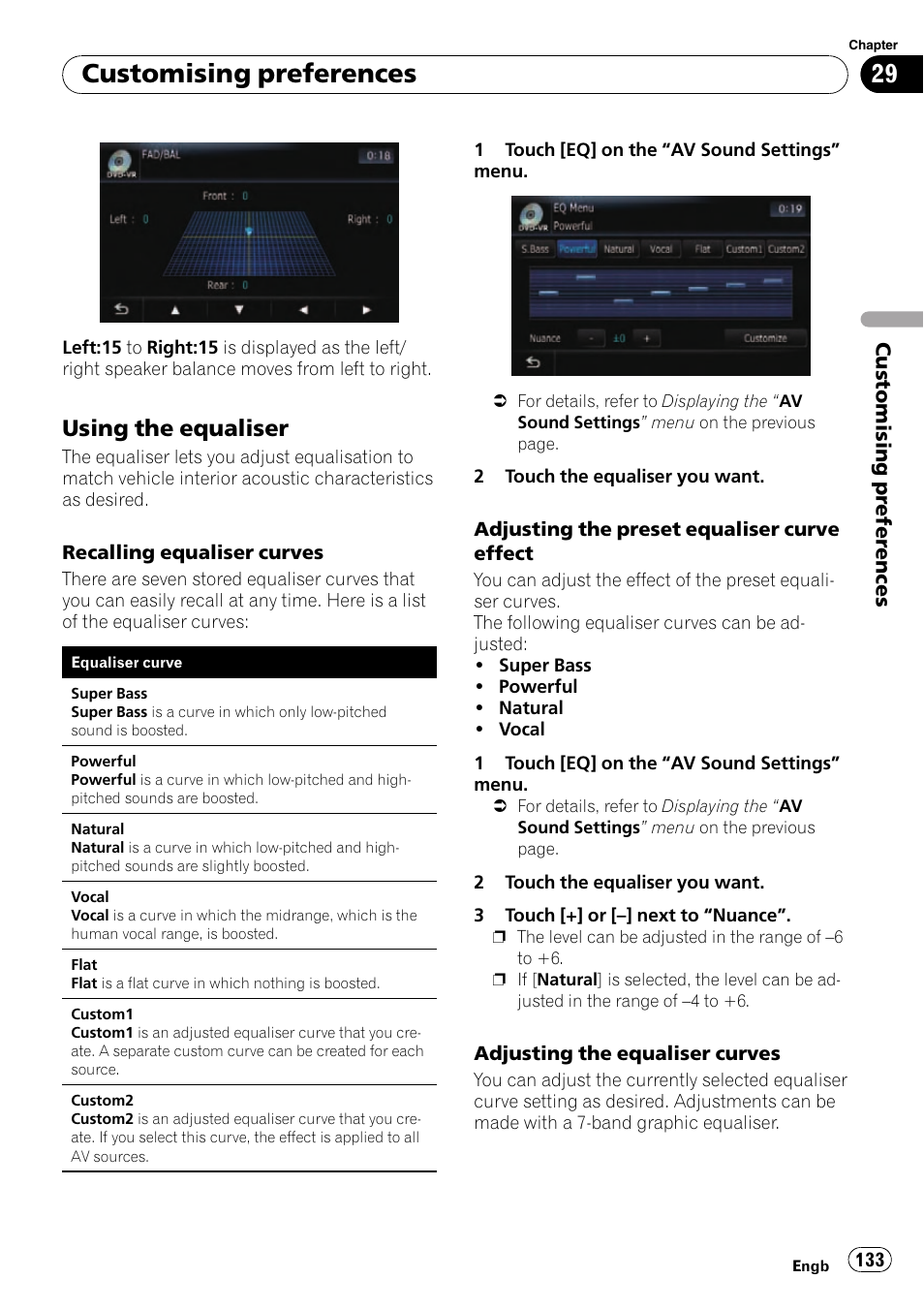 Using the equaliser 133, Customising preferences, Using the equaliser | Pioneer AVIC-F10BT User Manual | Page 133 / 180