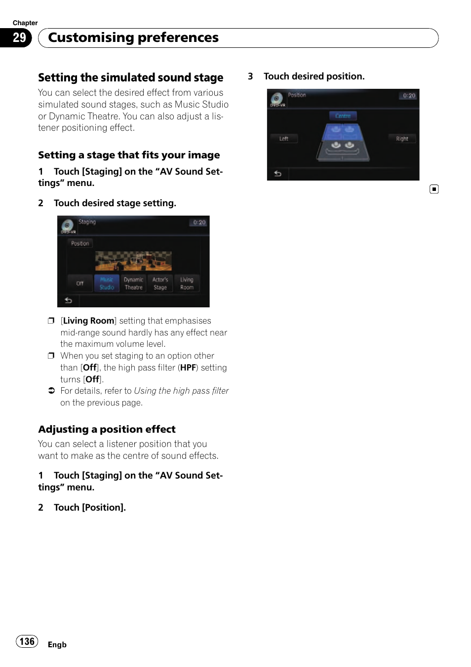 Setting the simulated sound, Stage, Customising preferences | Setting the simulated sound stage | Pioneer AVIC-F10BT User Manual | Page 136 / 180