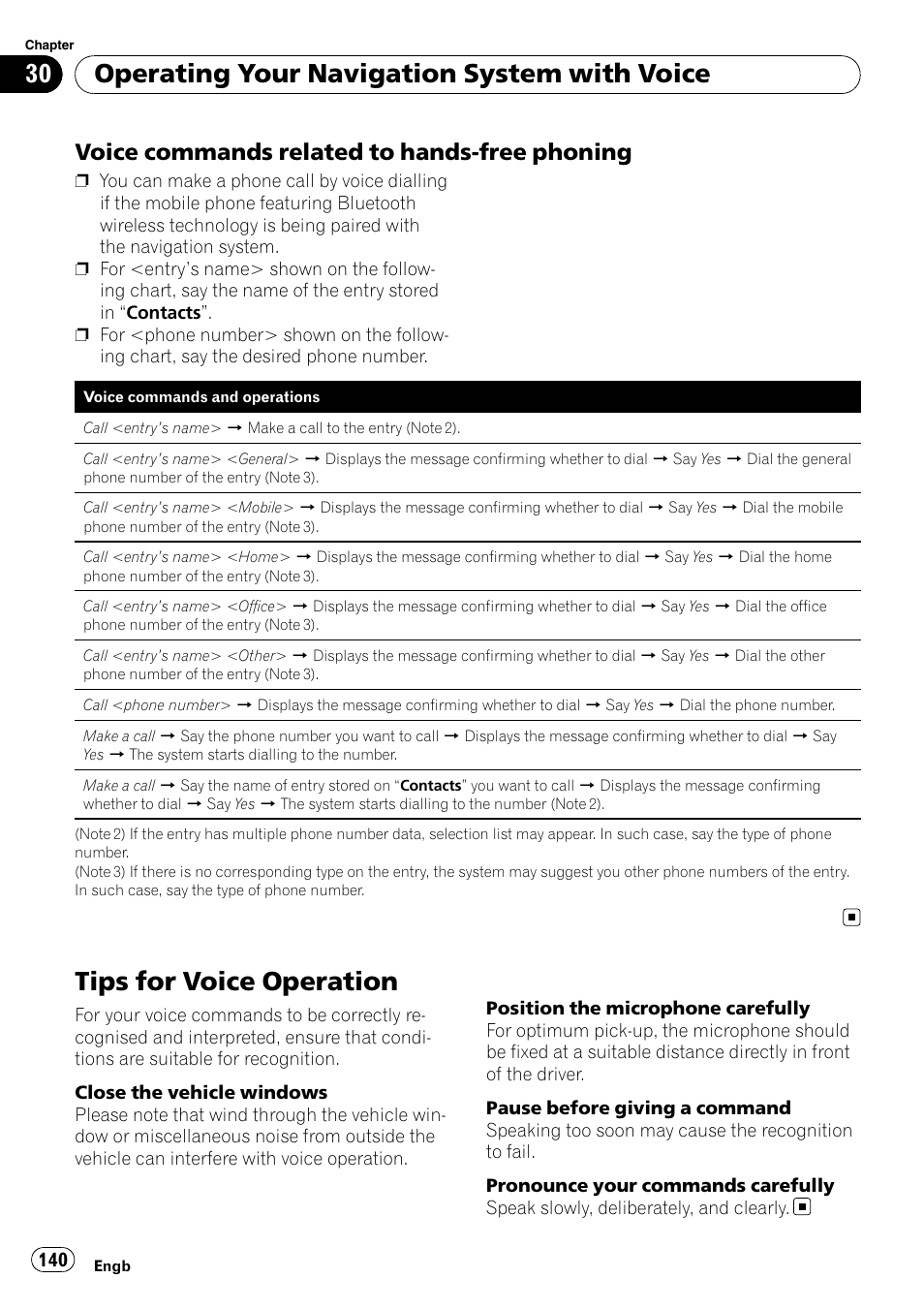 Voice commands related to hands-free, Phoning, Tips for voice operation | Operating your navigation system with voice, Voice commands related to hands-free phoning | Pioneer AVIC-F10BT User Manual | Page 140 / 180