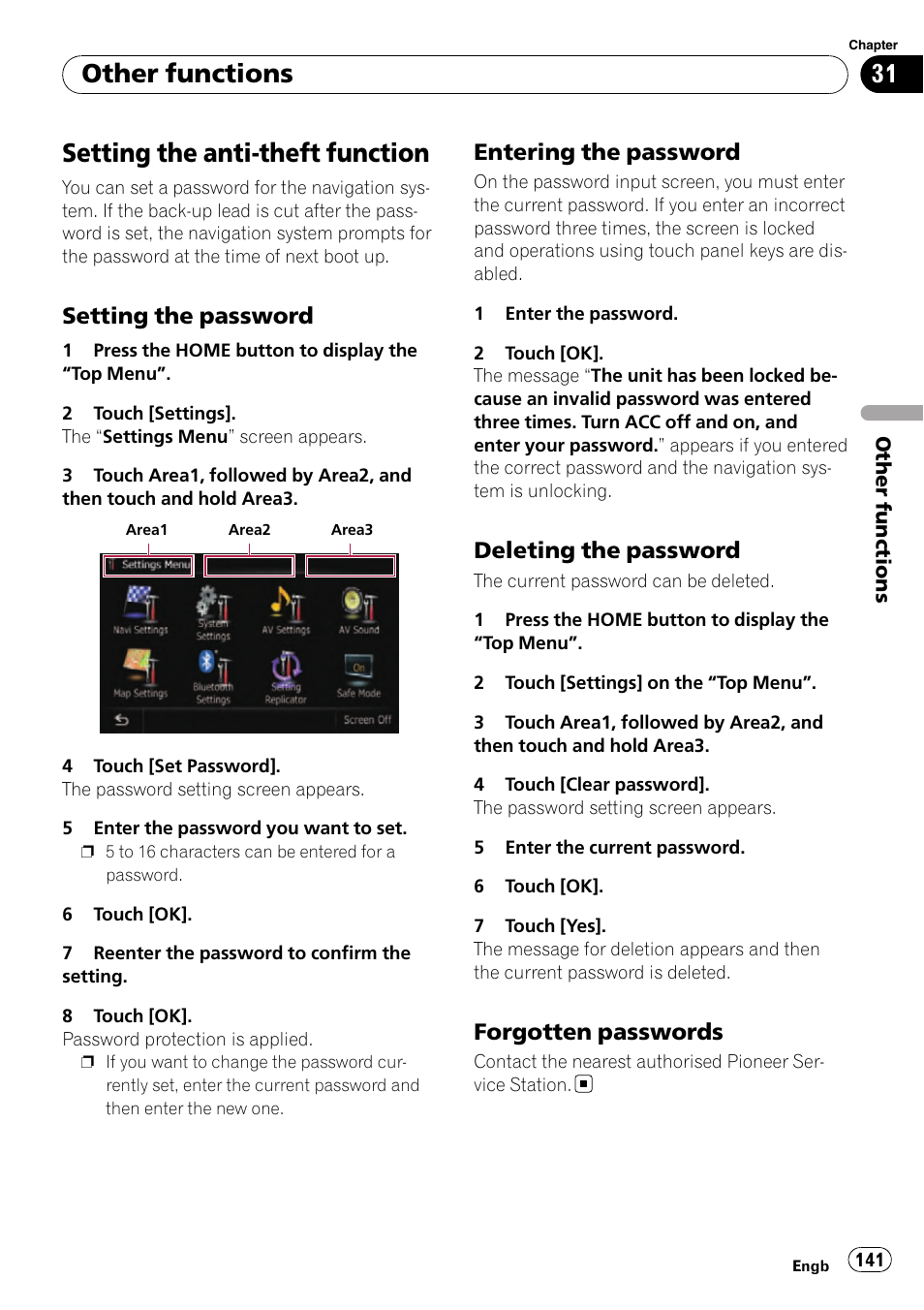 Other functions setting the anti-theft function, Setting the password 141, Entering the password 141 | Deleting the password 141, Forgotten passwords 141, Setting the anti-theft function, Other functions, Setting the password, Entering the password, Deleting the password | Pioneer AVIC-F10BT User Manual | Page 141 / 180