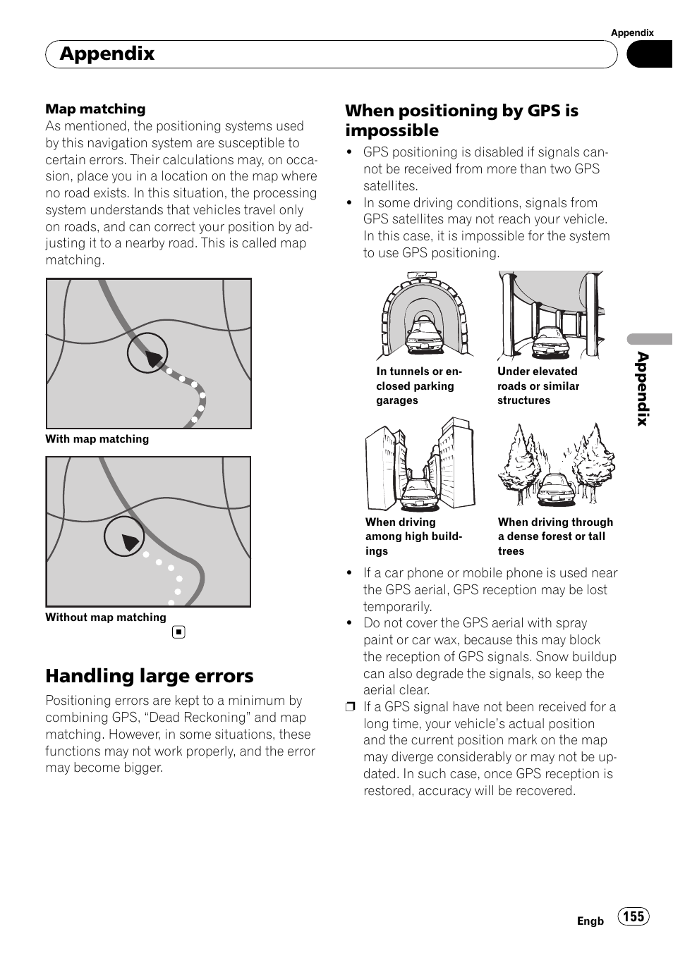 Handling large errors, When positioning by gps is, Impossible | Appendix, When positioning by gps is impossible | Pioneer AVIC-F10BT User Manual | Page 155 / 180