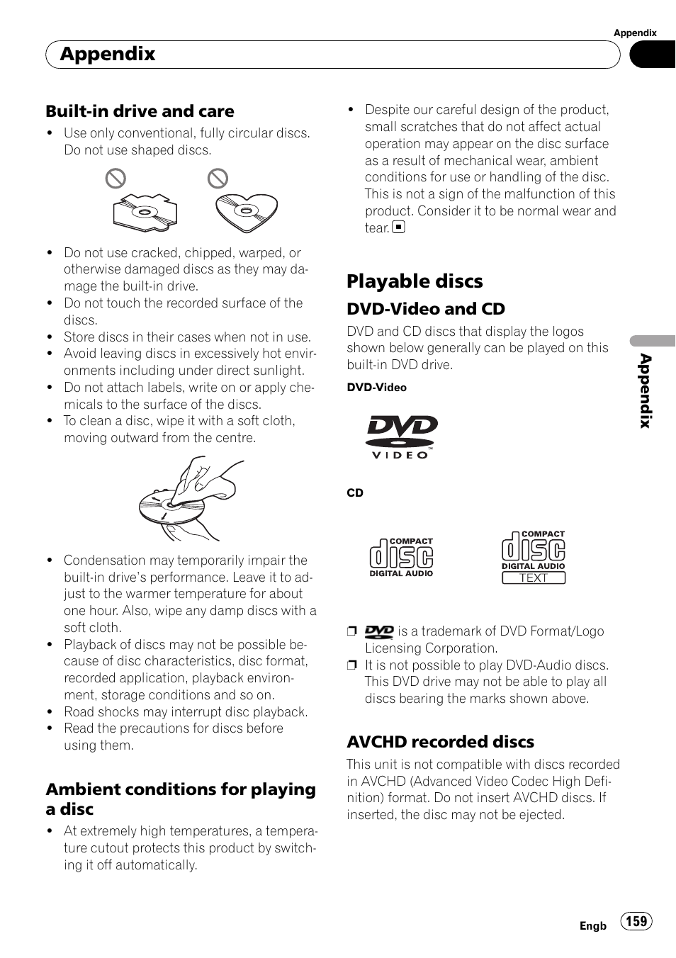 Built-in drive and care 159, Ambient conditions for playing a, Disc | Playable discs, Dvd-video and cd 159, Avchd recorded discs 159, Appendix, Built-in drive and care, Ambient conditions for playing a disc, Dvd-video and cd | Pioneer AVIC-F10BT User Manual | Page 159 / 180