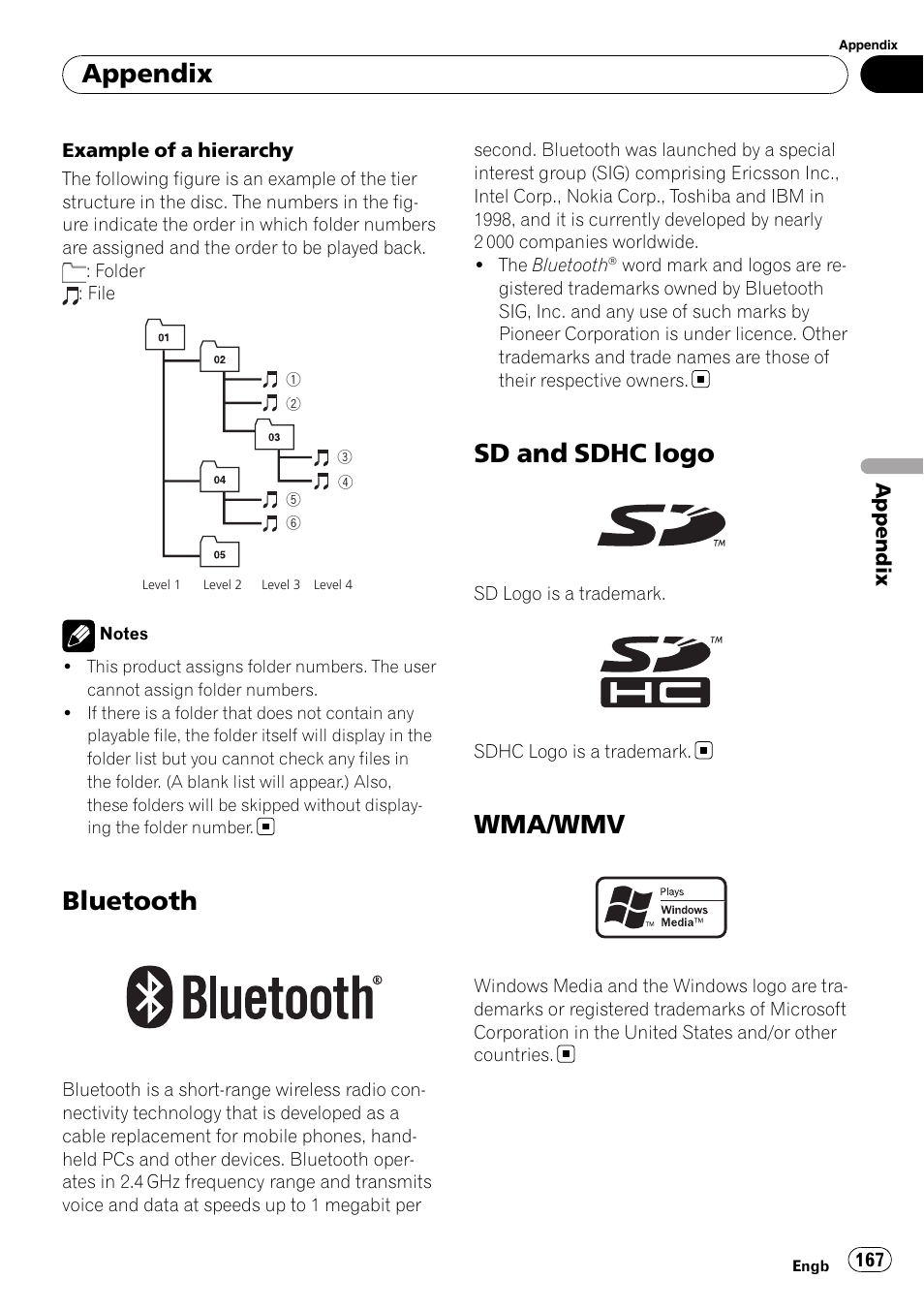 Bluetooth, Sd and sdhc logo, Wma/wmv | Appendix | Pioneer AVIC-F10BT User Manual | Page 167 / 180