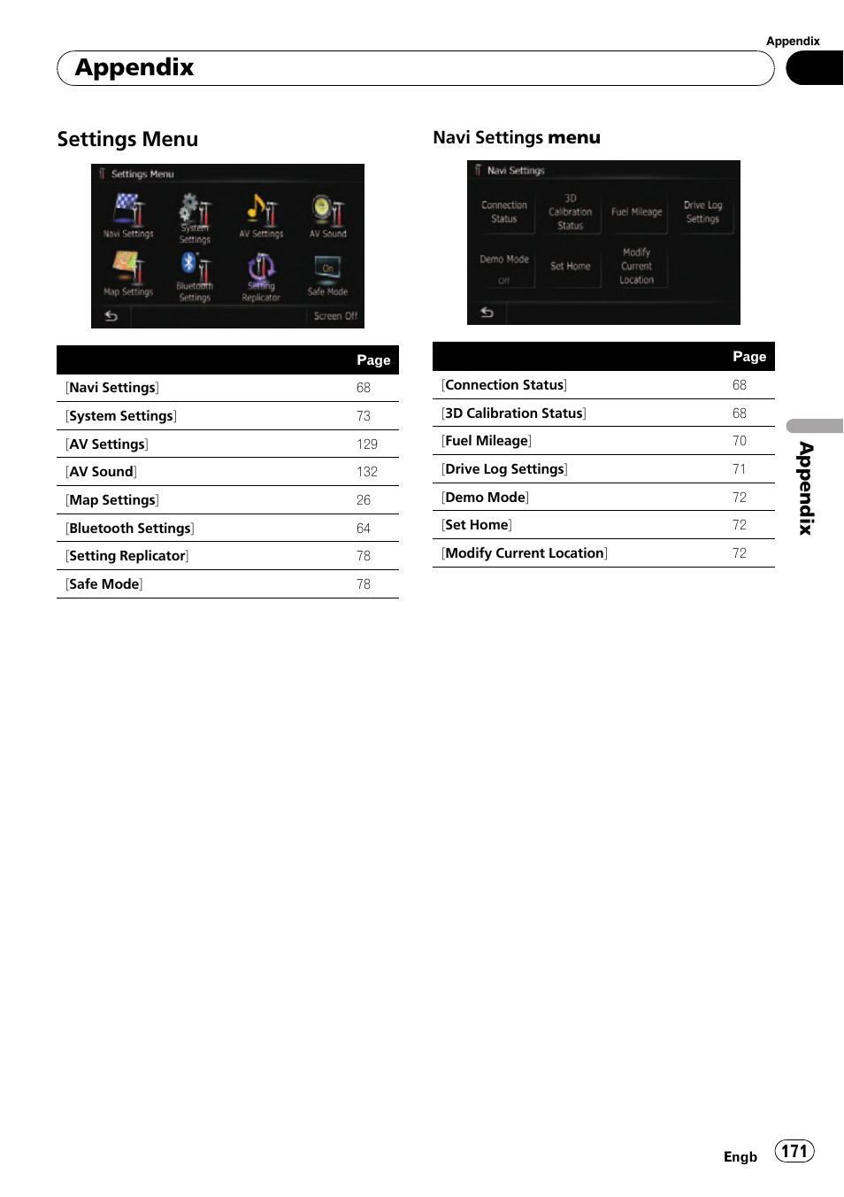 Settings menu 171, Appendix, Settings menu | Navi settings menu | Pioneer AVIC-F10BT User Manual | Page 171 / 180