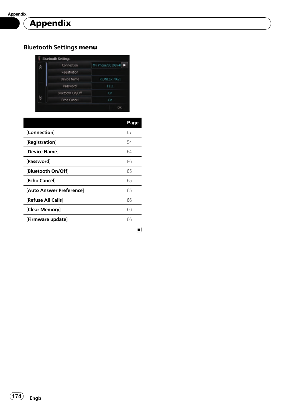 Appendix, Bluetooth settings menu | Pioneer AVIC-F10BT User Manual | Page 174 / 180