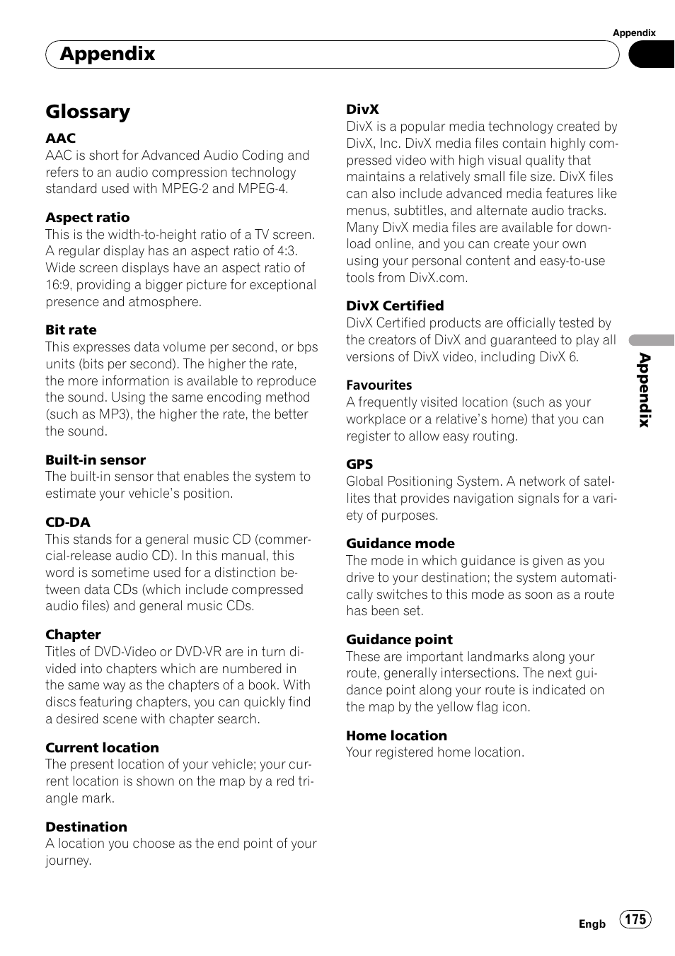 Glossary, Appendix | Pioneer AVIC-F10BT User Manual | Page 175 / 180