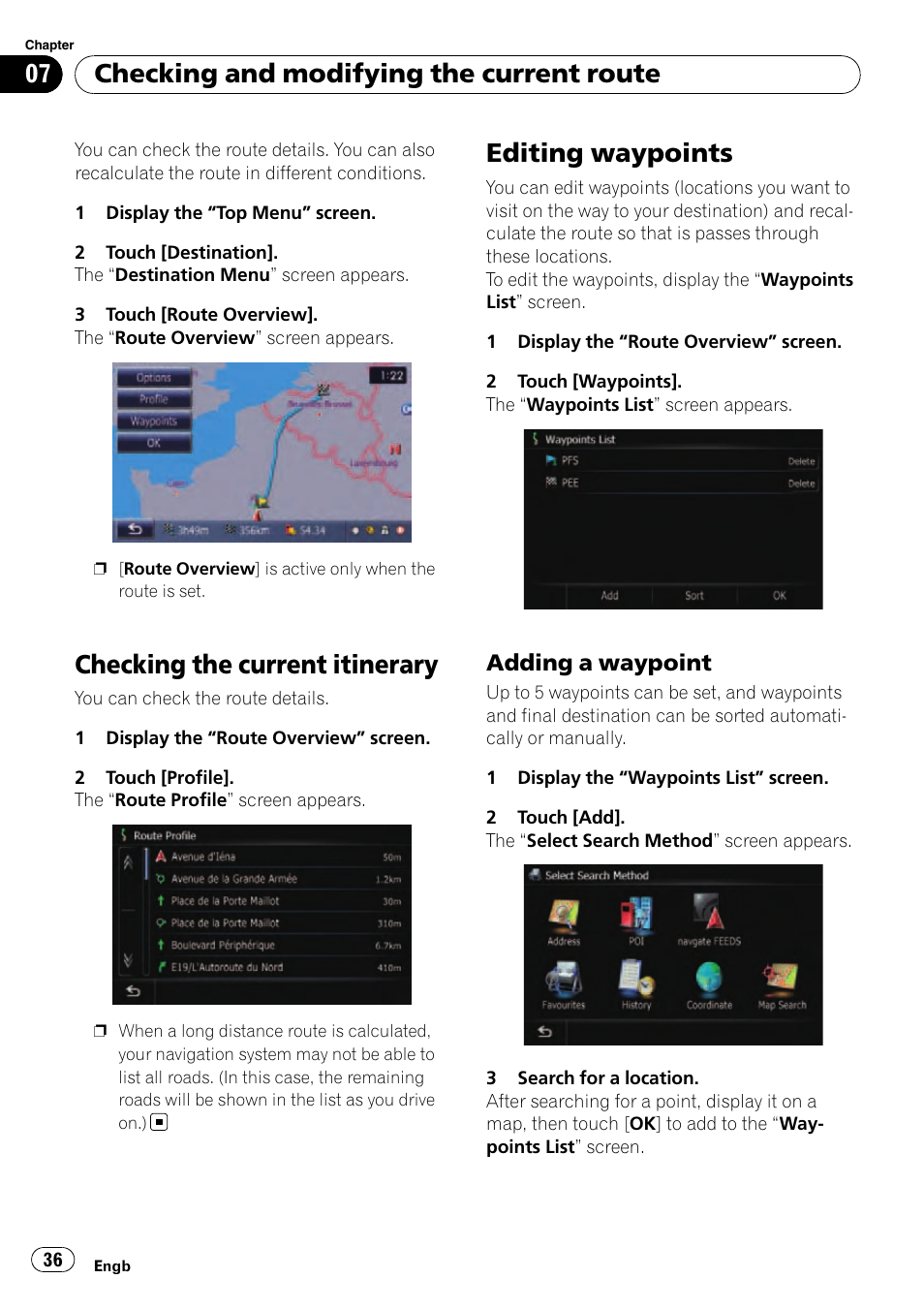 Editing waypoints, Adding a waypoint 36, Checking the current itinerary | Checking and modifying the current route, Adding a waypoint | Pioneer AVIC-F10BT User Manual | Page 36 / 180