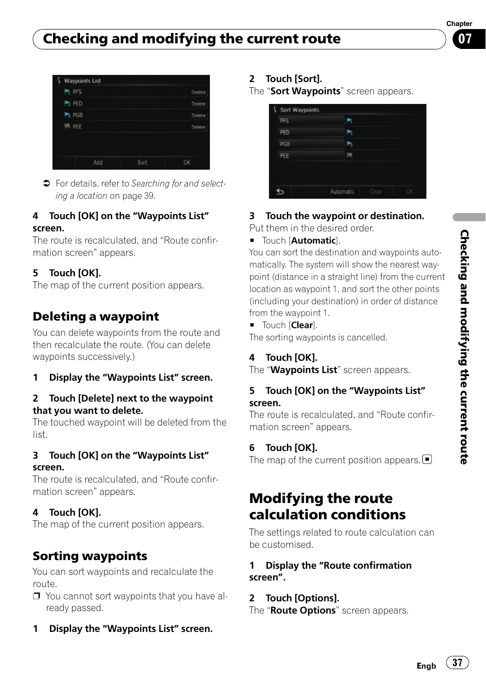 Deleting a waypoint 37, Sorting waypoints 37, Modifying the route calculation | Conditions, Modifying the route cal, Modifying the route calculation conditions, Checking and modifying the current route, Deleting a waypoint, Sorting waypoints | Pioneer AVIC-F10BT User Manual | Page 37 / 180