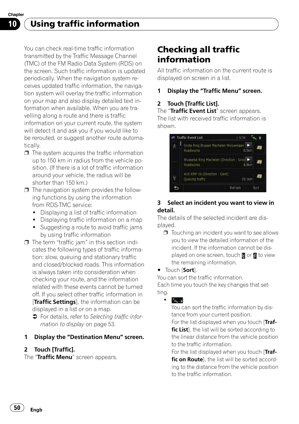 Checking all traffic in, Checking all traffic information, Using traffic information | Pioneer AVIC-F10BT User Manual | Page 50 / 180