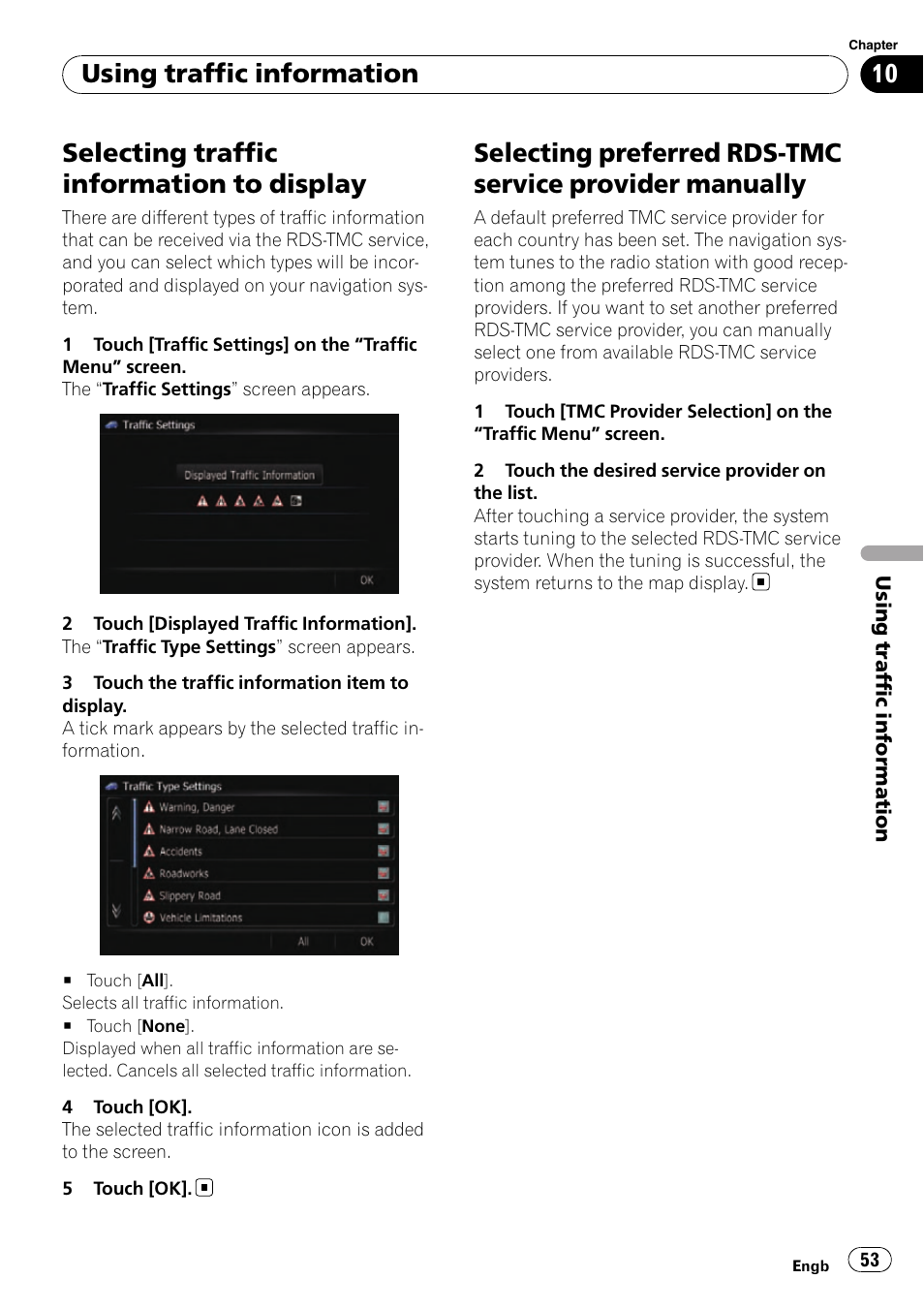 Selecting traffic information to display, Selecting preferred rds-tmc service, Provider manually | Using traffic information | Pioneer AVIC-F10BT User Manual | Page 53 / 180