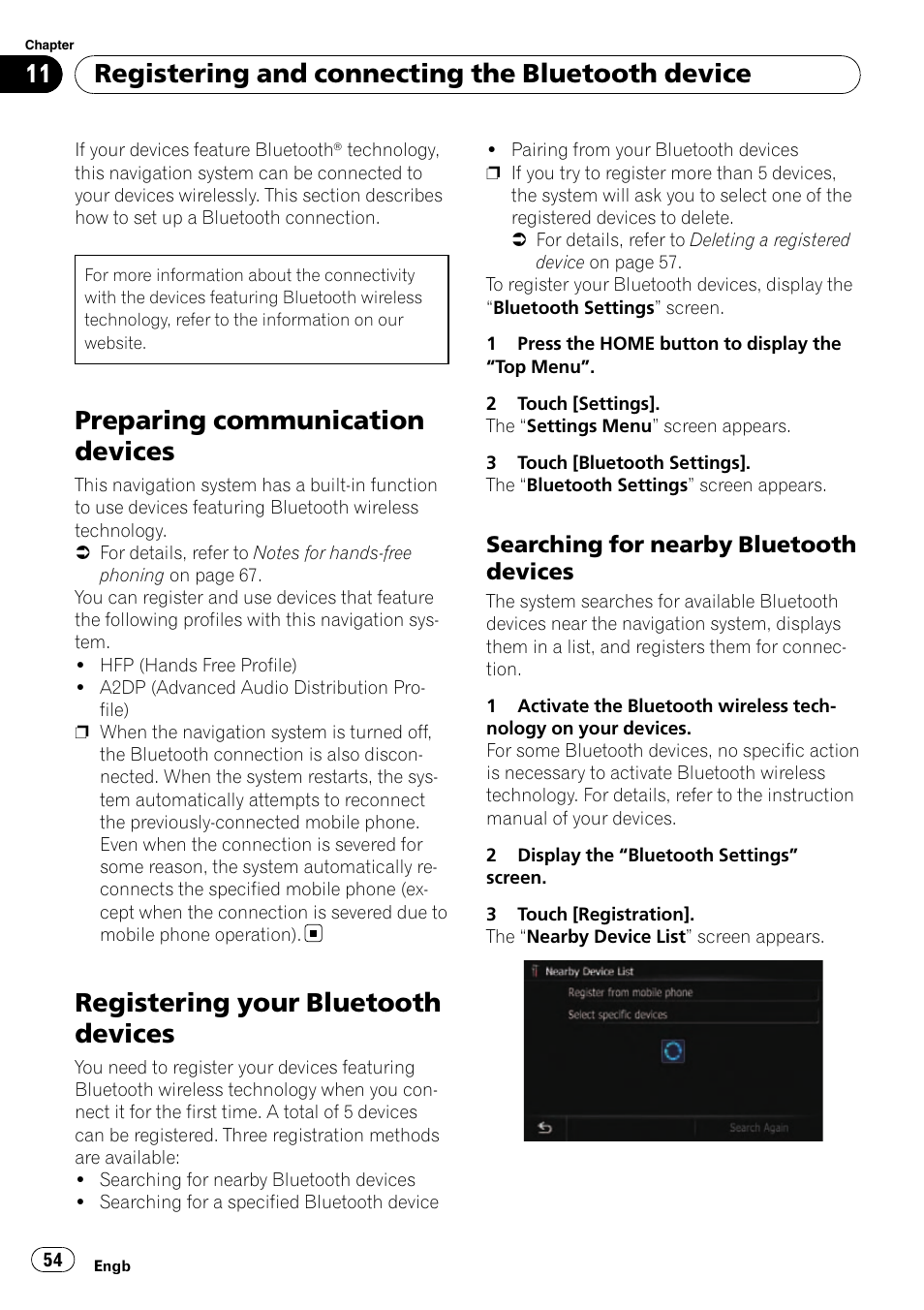 Registering your bluetooth devices, Searching for nearby bluetooth, Devices | Preparing communication devices, Registering and connecting the bluetooth device, Searching for nearby bluetooth devices | Pioneer AVIC-F10BT User Manual | Page 54 / 180