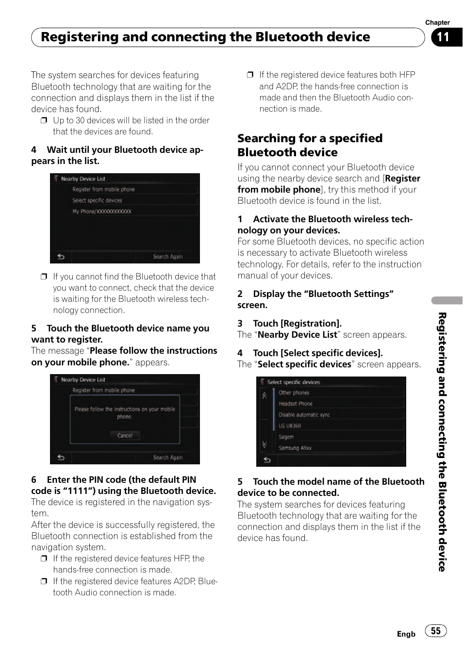 Searching for a specified bluetooth, Device, Registering and connecting the bluetooth device | Searching for a specified bluetooth device | Pioneer AVIC-F10BT User Manual | Page 55 / 180