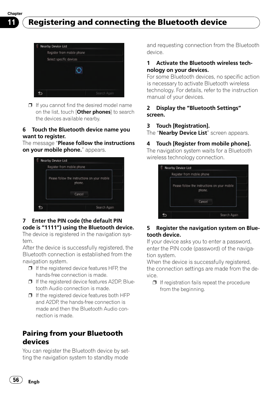 Pairing from your bluetooth, Devices, Registering and connecting the bluetooth device | Pairing from your bluetooth devices | Pioneer AVIC-F10BT User Manual | Page 56 / 180